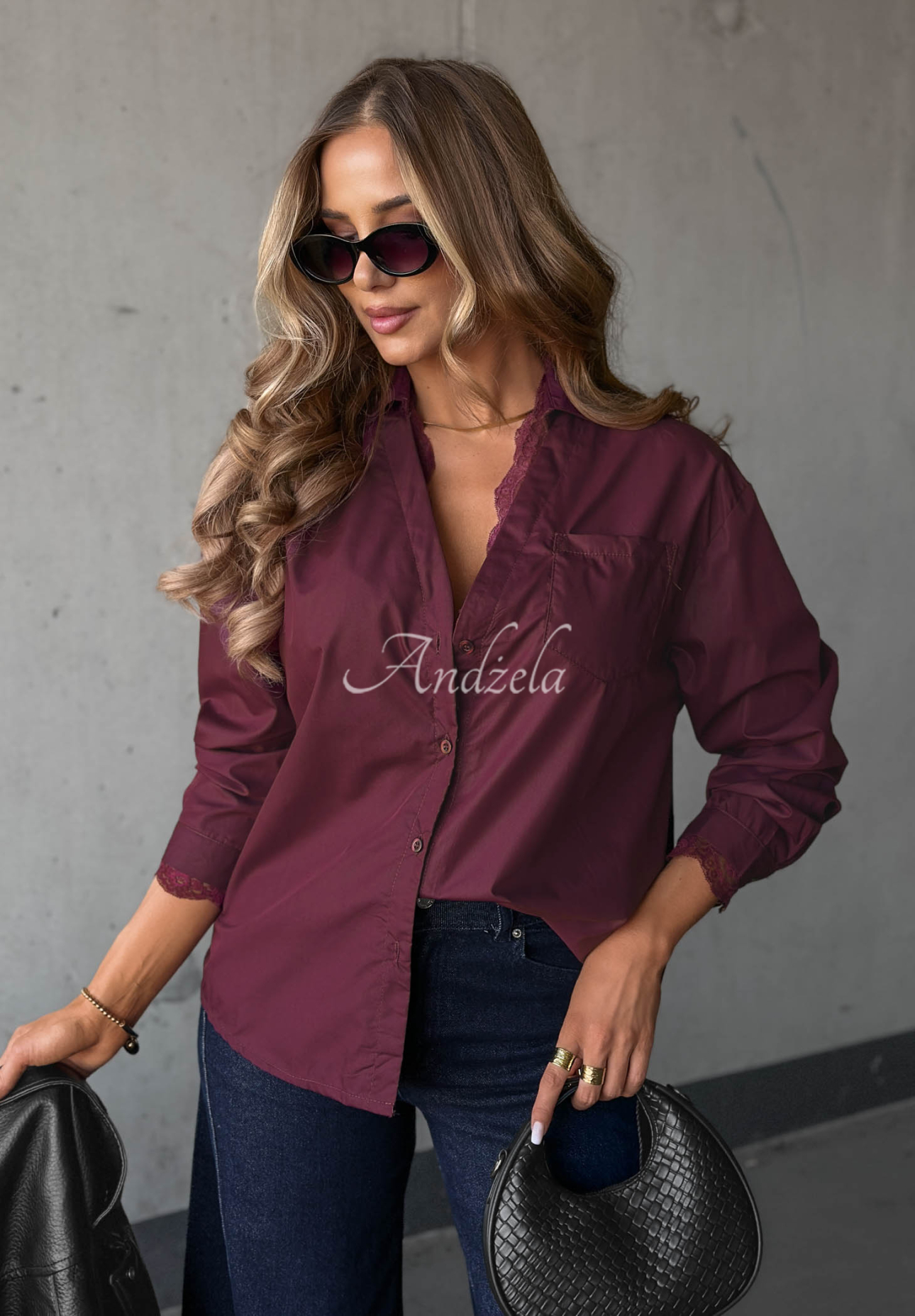Silver Mist Berry-Colored Oversized Cotton Shirt with Lace