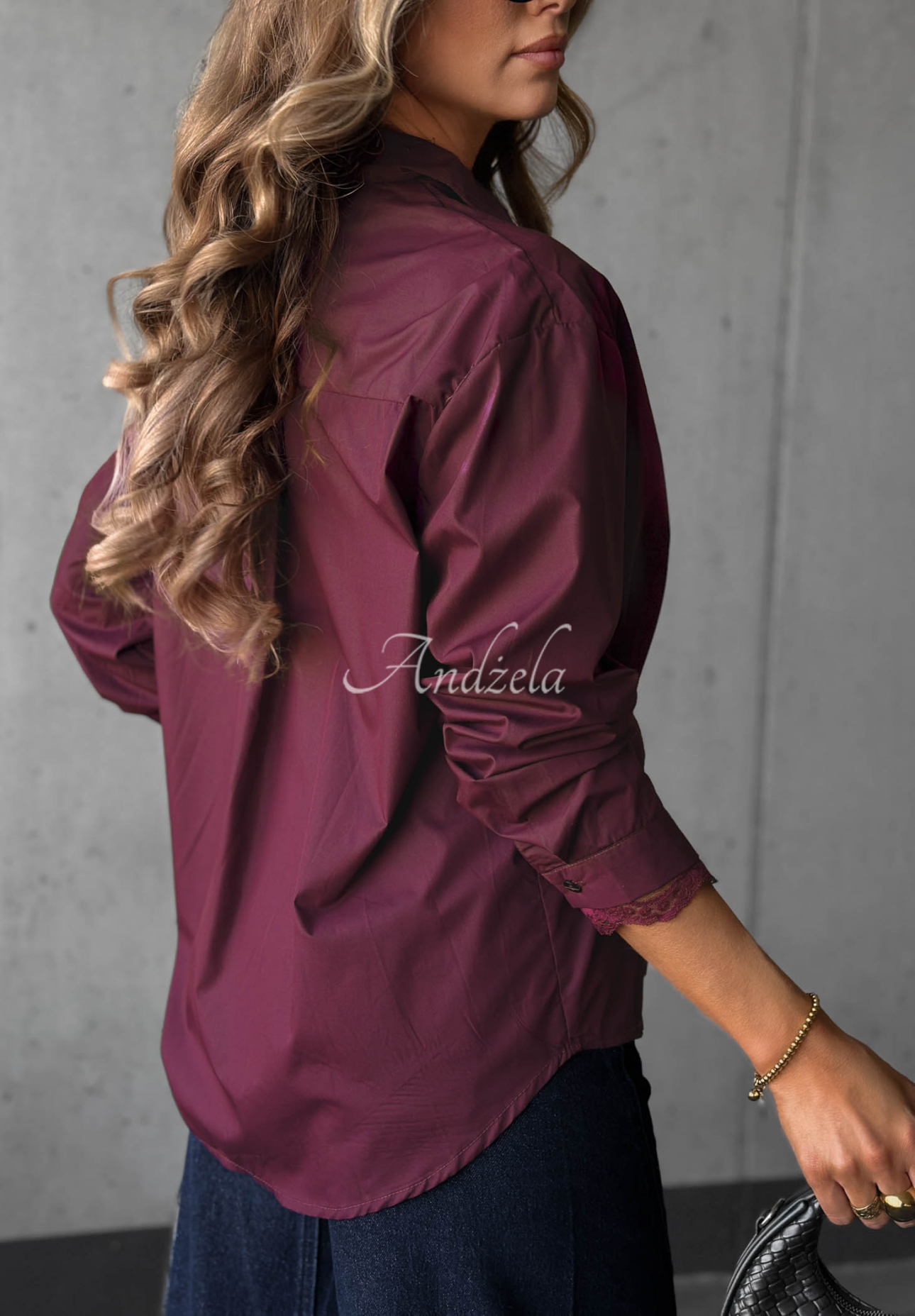 Silver Mist Berry-Colored Oversized Cotton Shirt with Lace