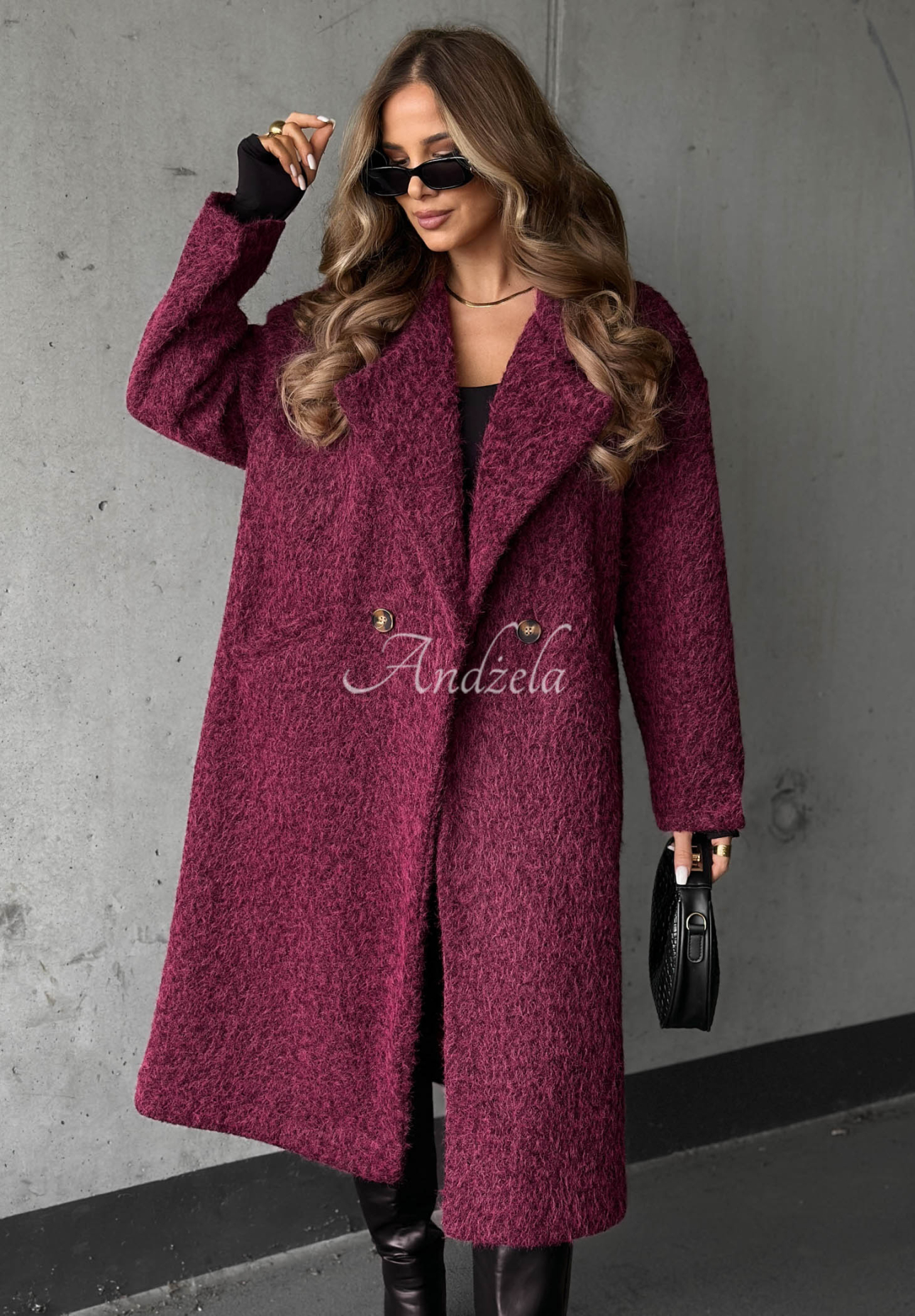 Hazel Harmony Long Shearling Coat with Collar in Berry