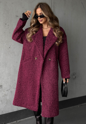 Hazel Harmony Long Shearling Coat with Collar in Berry