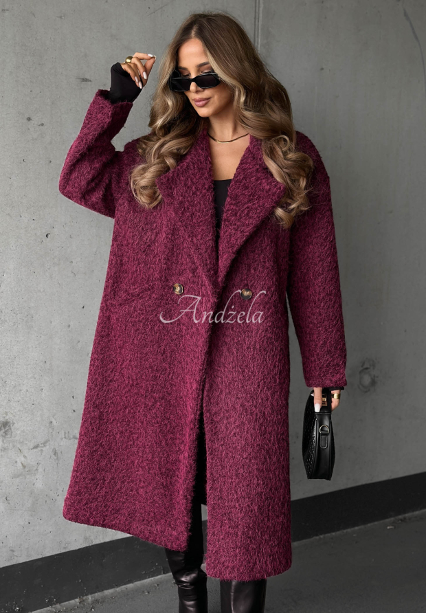 Hazel Harmony Long Shearling Coat with Collar in Berry