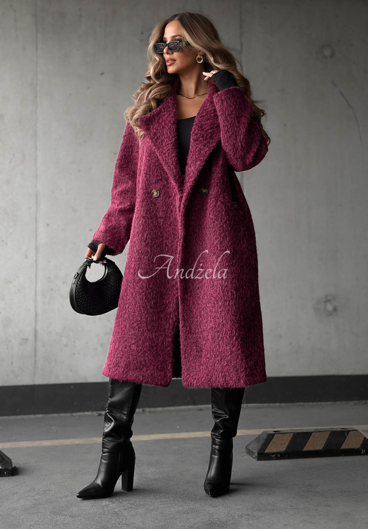 Hazel Harmony Long Shearling Coat with Collar in Berry
