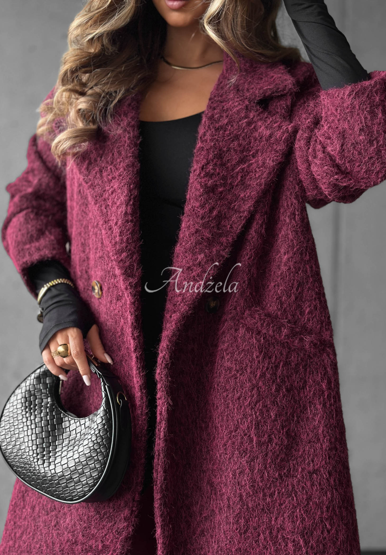 Hazel Harmony Long Shearling Coat with Collar in Berry