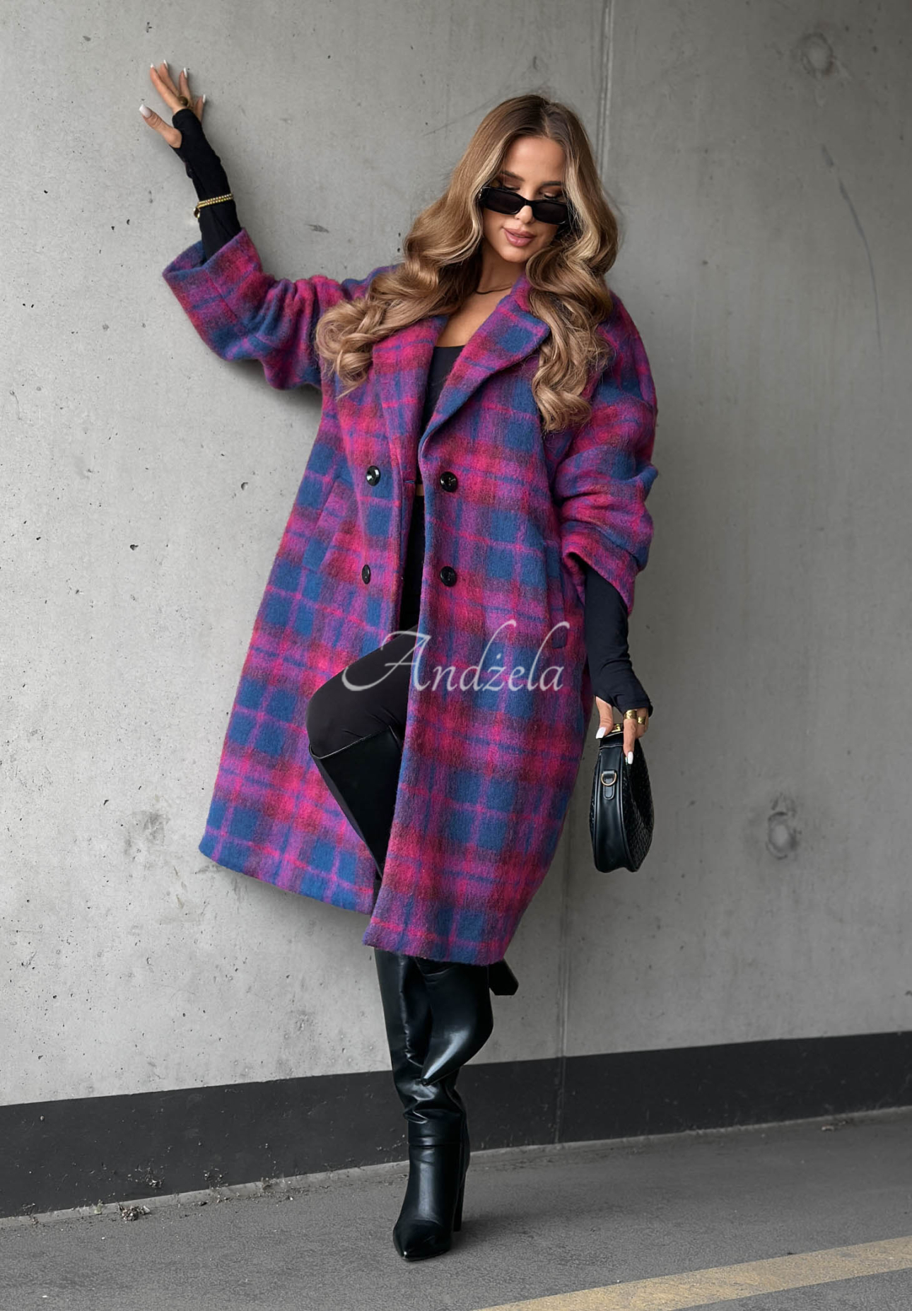Colorful Sunset Double-Breasted Wool Checkered Coat in Berry Pink