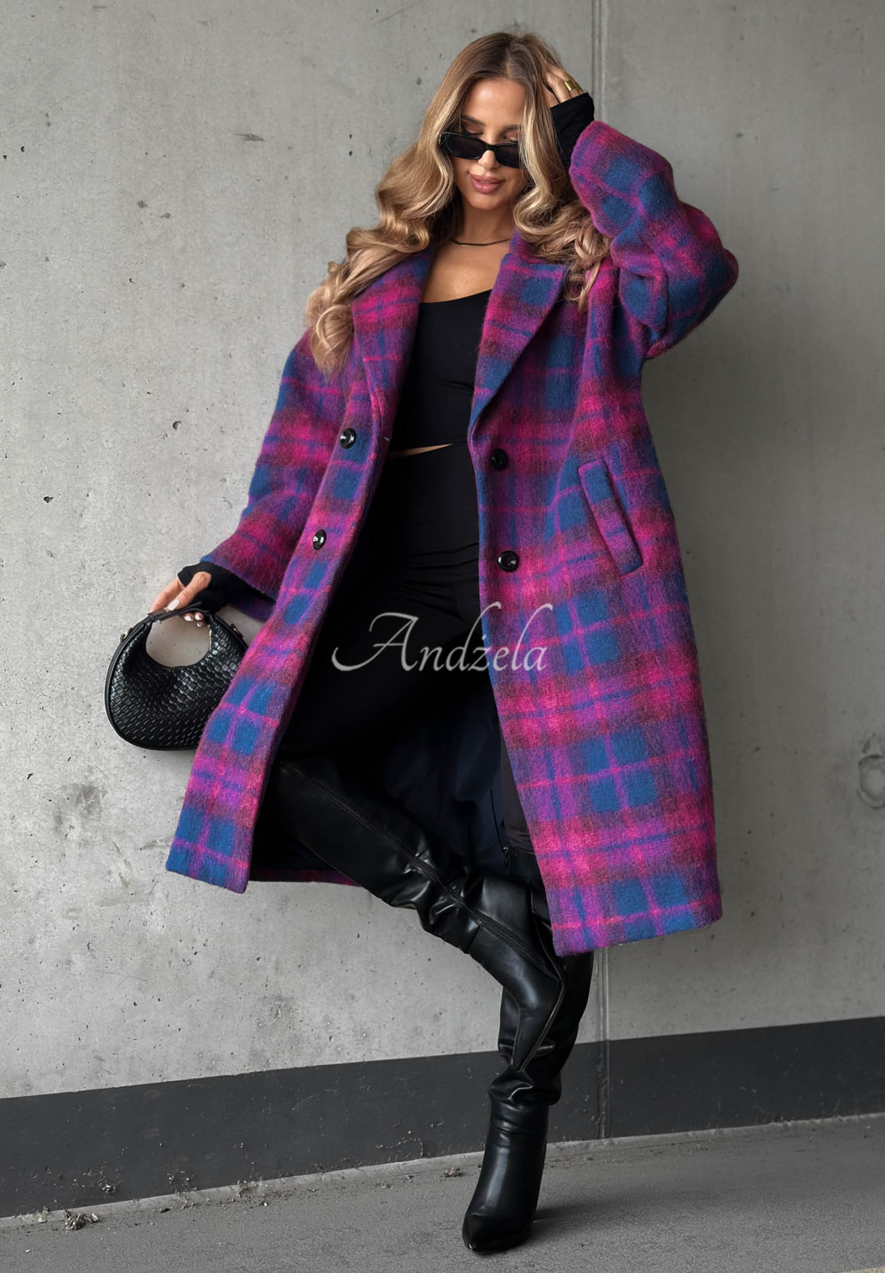 Colorful Sunset Double-Breasted Wool Checkered Coat in Berry Pink