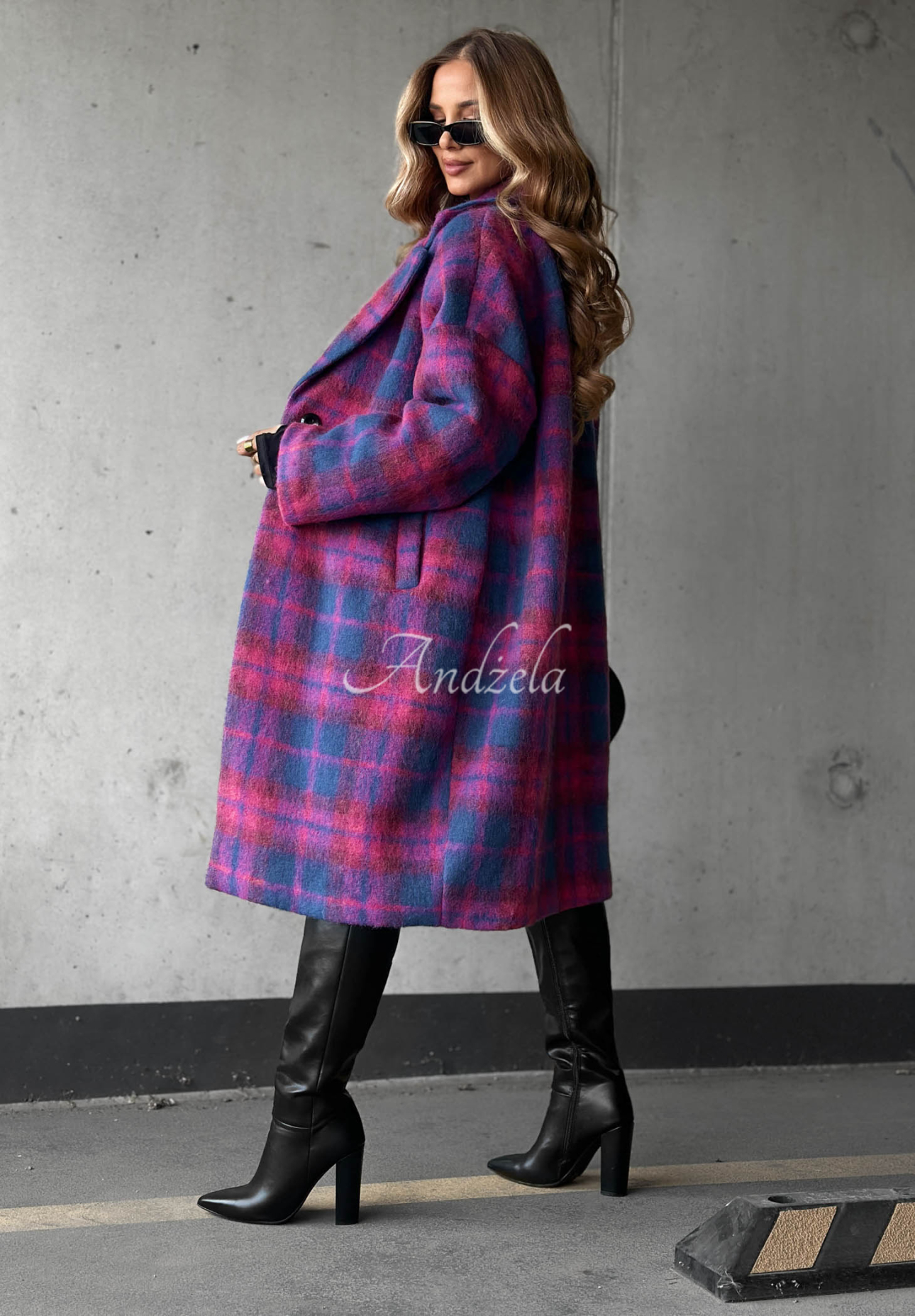 Colorful Sunset Double-Breasted Wool Checkered Coat in Berry Pink