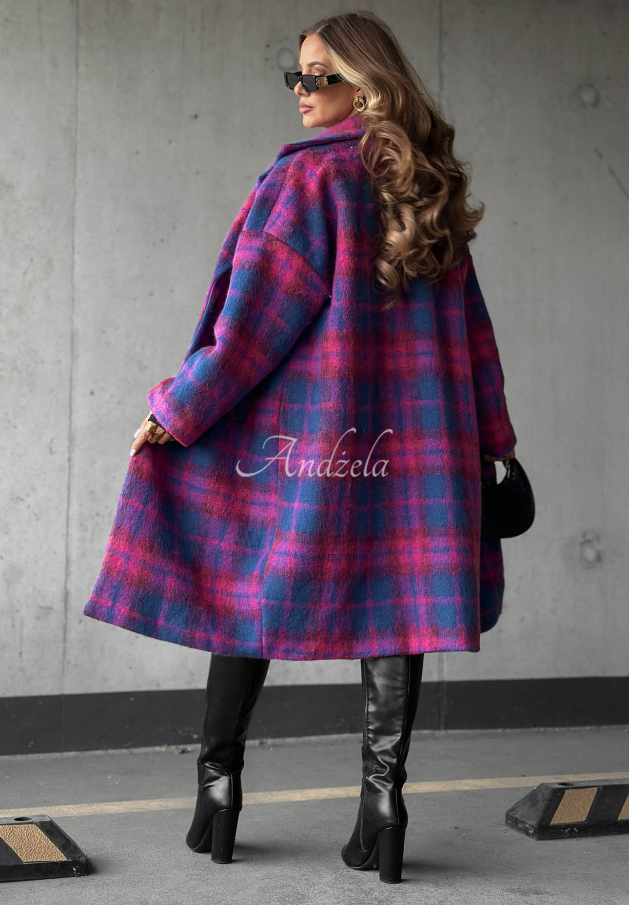 Colorful Sunset Double-Breasted Wool Checkered Coat in Berry Pink