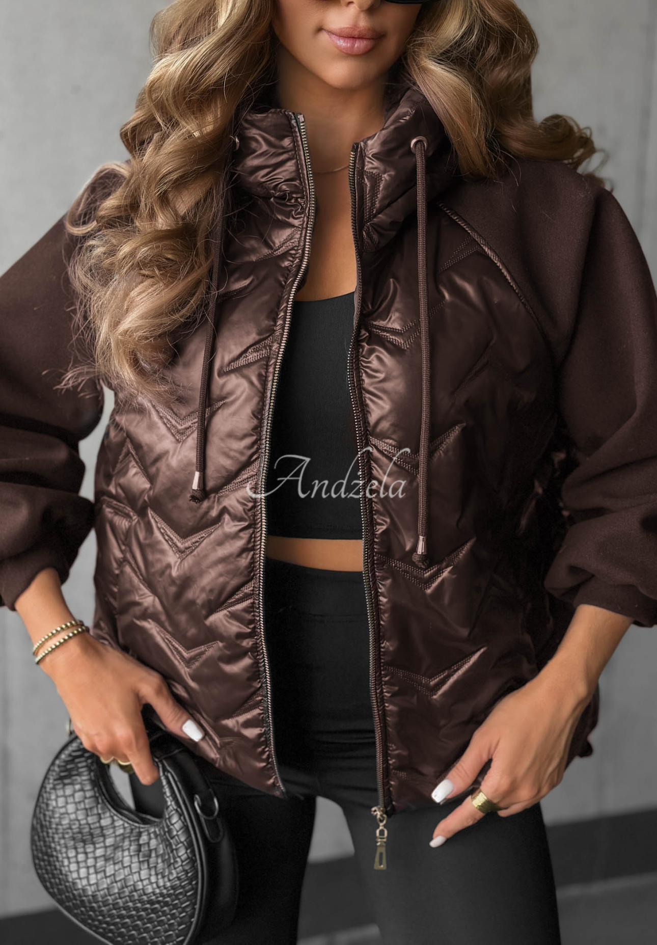 Coffee Time Chocolate-Colored Quilted Hooded Jacket