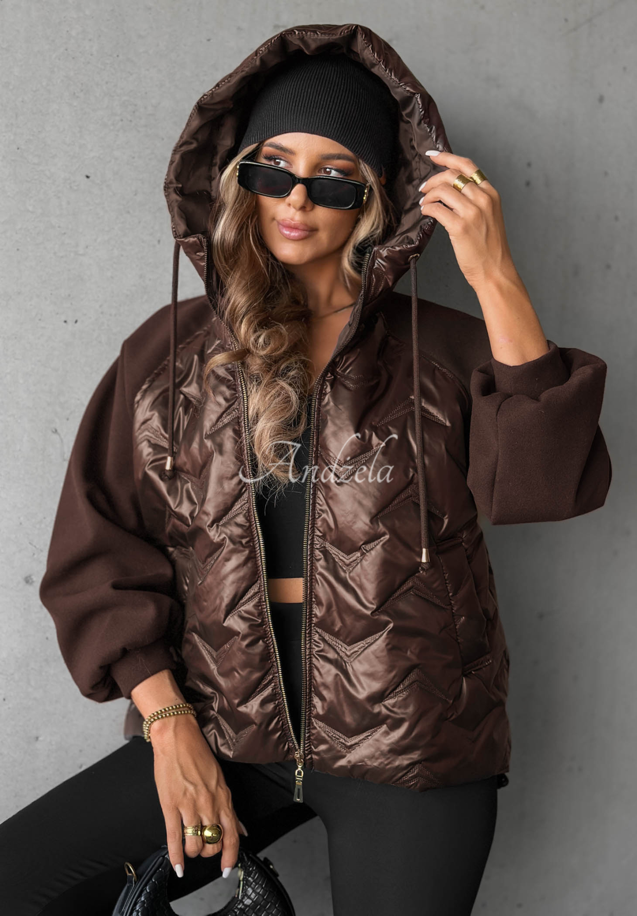 Coffee Time Chocolate-Colored Quilted Hooded Jacket