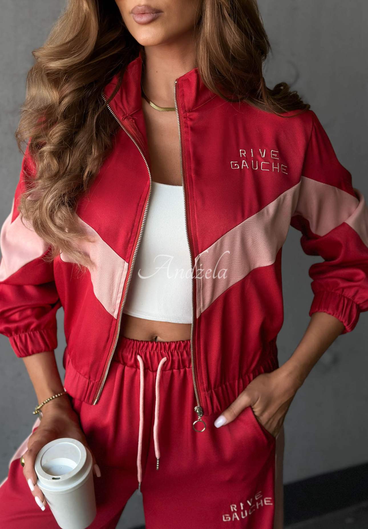 Rive Gauche Red and Pink Cotton Sweatsuit Set
