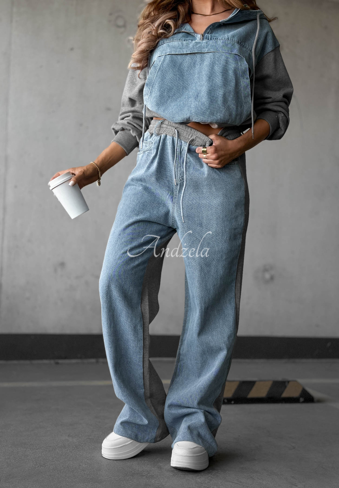 "Never Forget" Gray Sweatsuit Set with Denim Accents