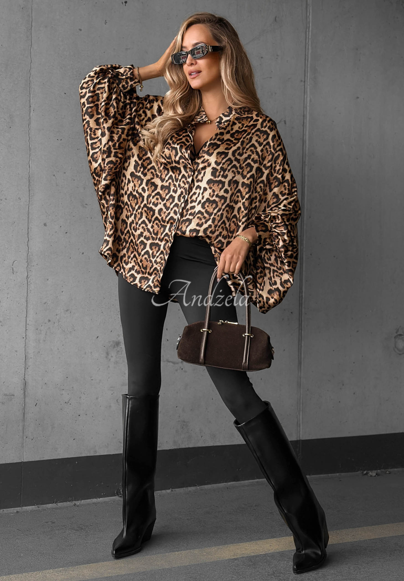 Wild Allure Oversized Satin Shirt with Leopard Print in Camel