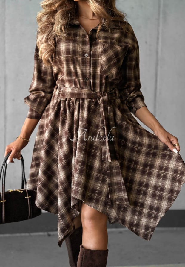 Wiskozowa sp&oacute;dniczka mini w kratę Effortless Chic czekoladowa