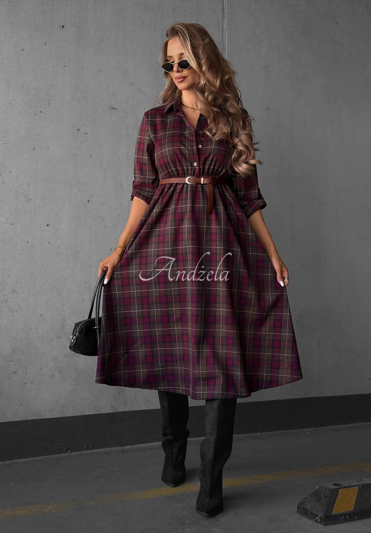 Dark Romance Chocolate-Burgundy Checkered Midi Shirt Dress with Belt