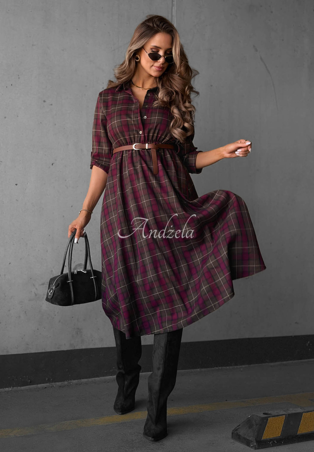 Dark Romance Chocolate-Burgundy Checkered Midi Shirt Dress with Belt
