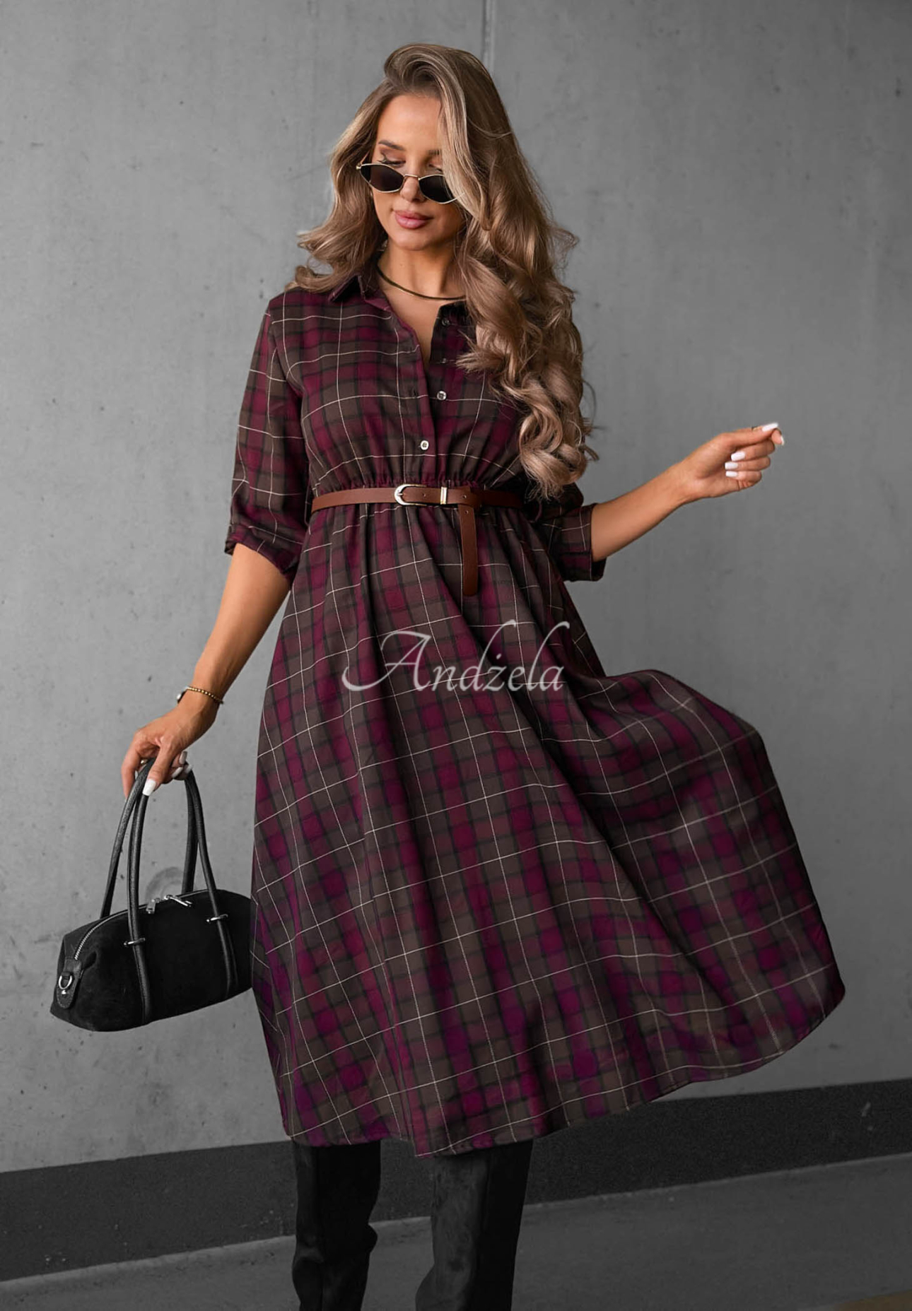 Dark Romance Chocolate-Burgundy Checkered Midi Shirt Dress with Belt