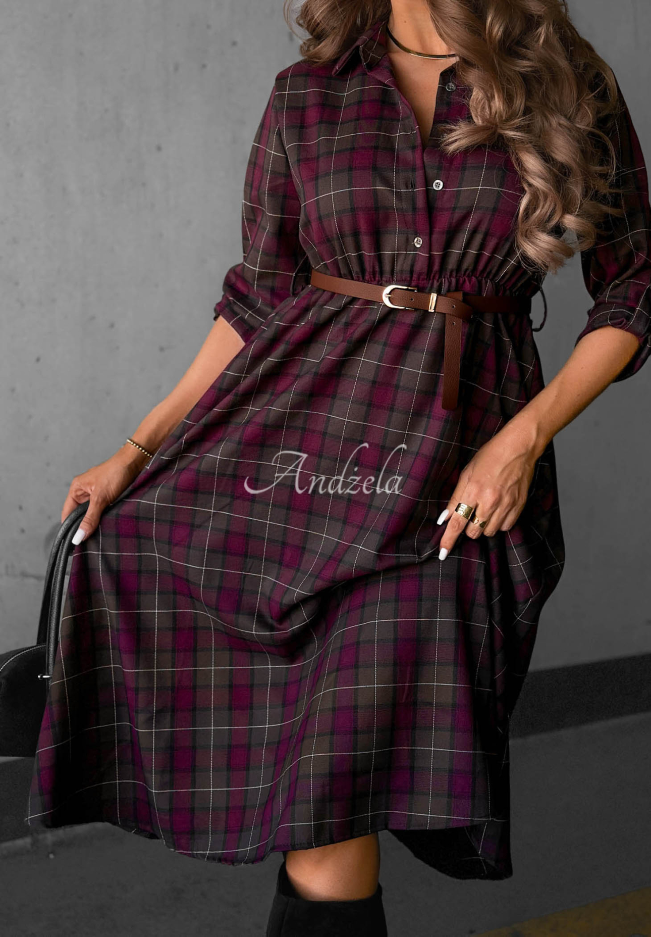 Dark Romance Chocolate-Burgundy Checkered Midi Shirt Dress with Belt