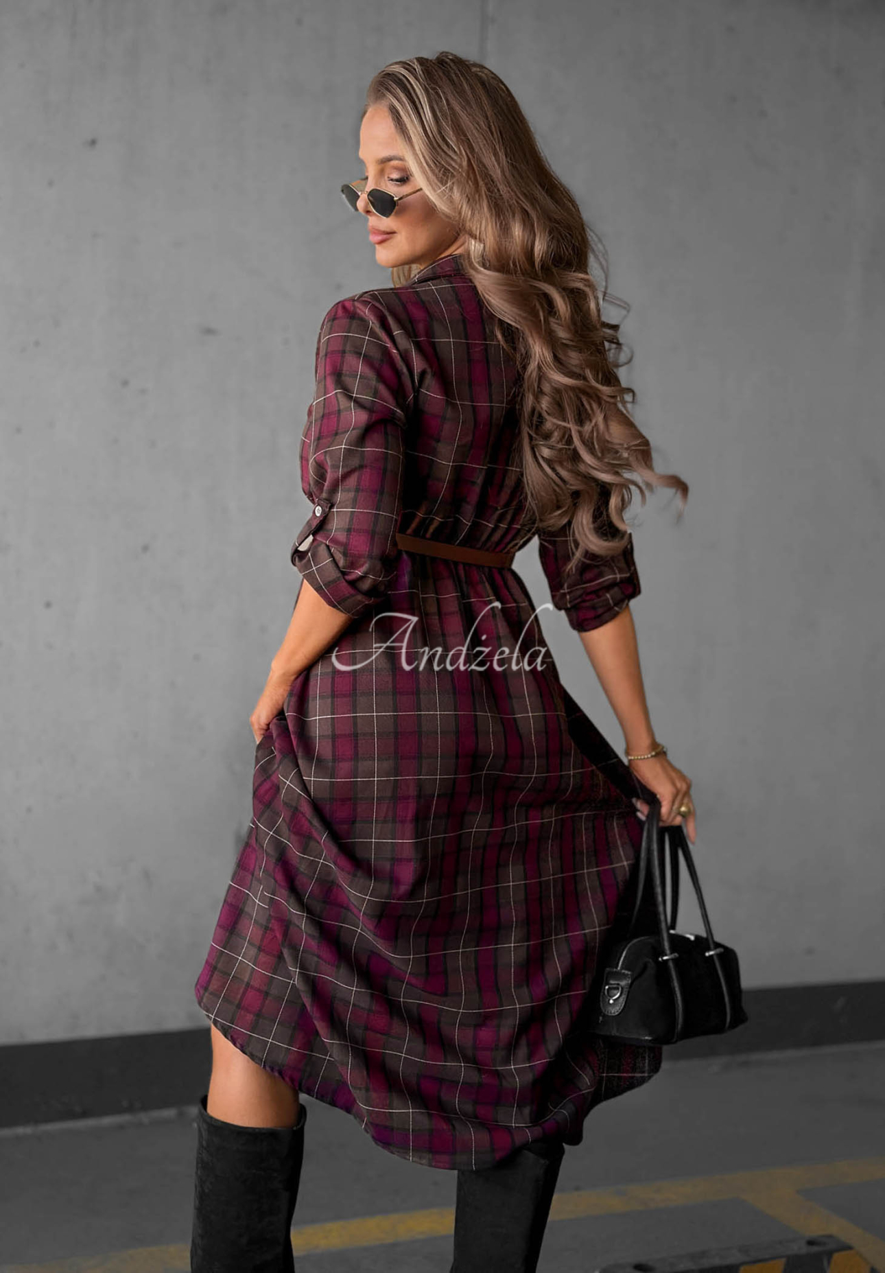 Dark Romance Chocolate-Burgundy Checkered Midi Shirt Dress with Belt