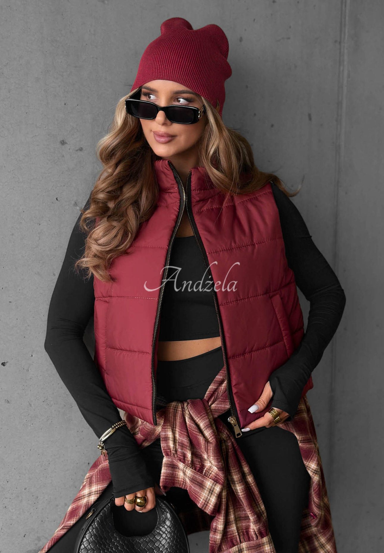 Autumn Touch Burgundy Quilted Vest with a Stand-Up Collar