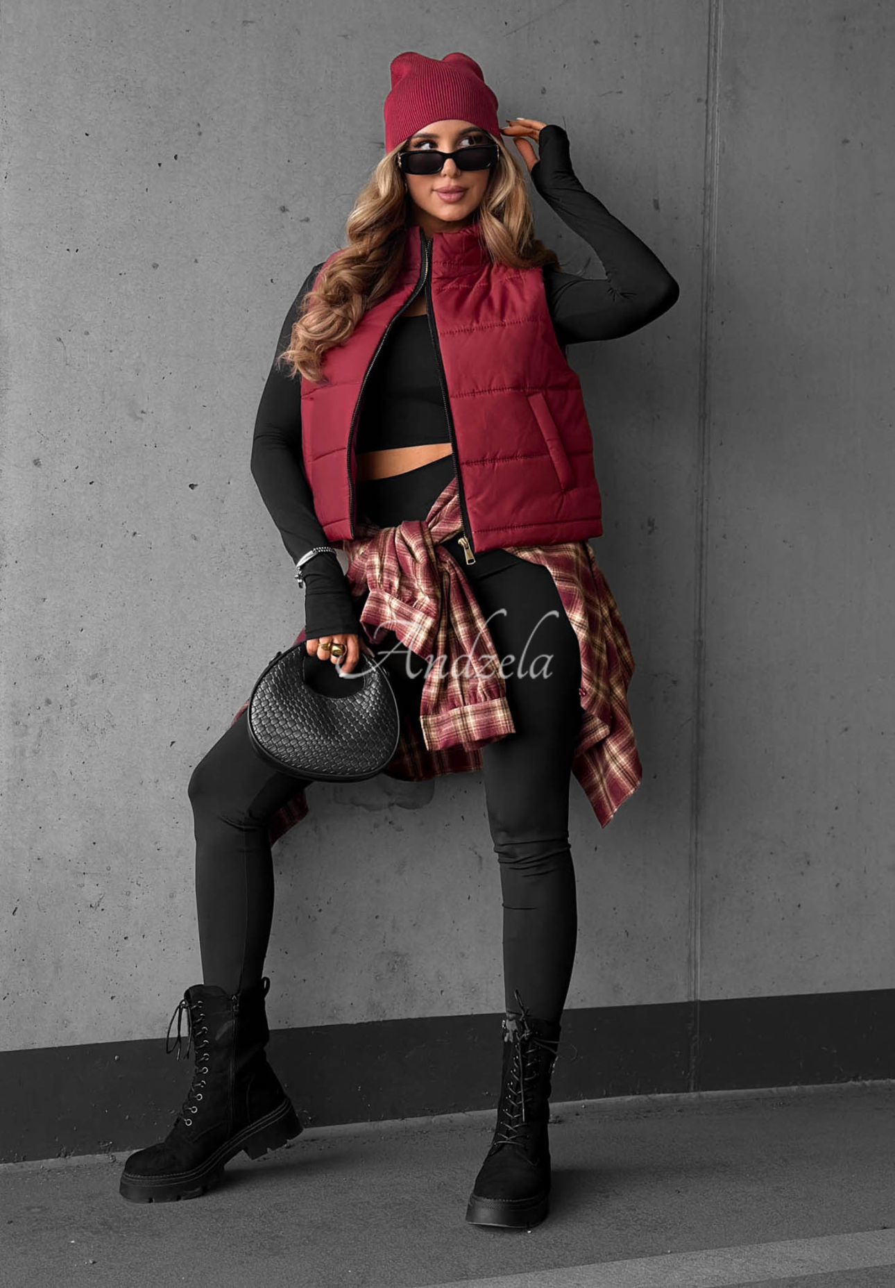 Autumn Touch Burgundy Quilted Vest with a Stand-Up Collar