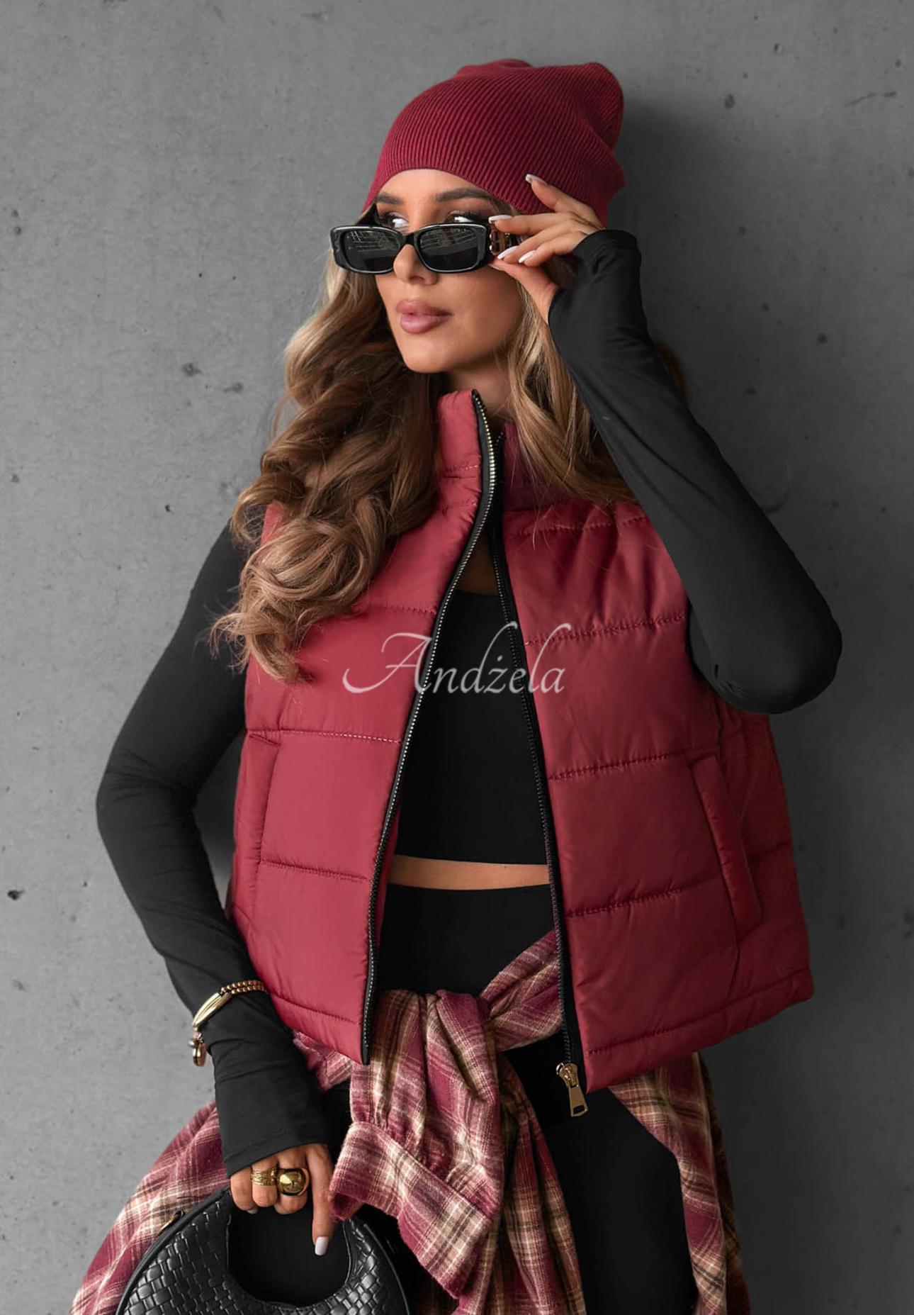 Autumn Touch Burgundy Quilted Vest with a Stand-Up Collar