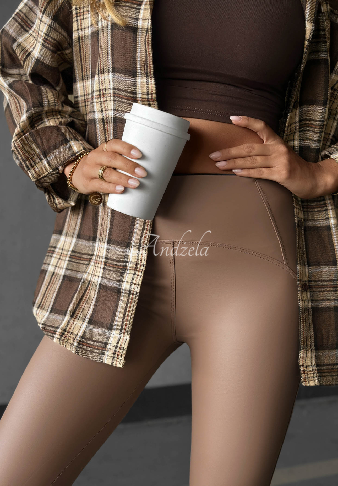 Skórzane legginsy What’s Your Number camelowe
