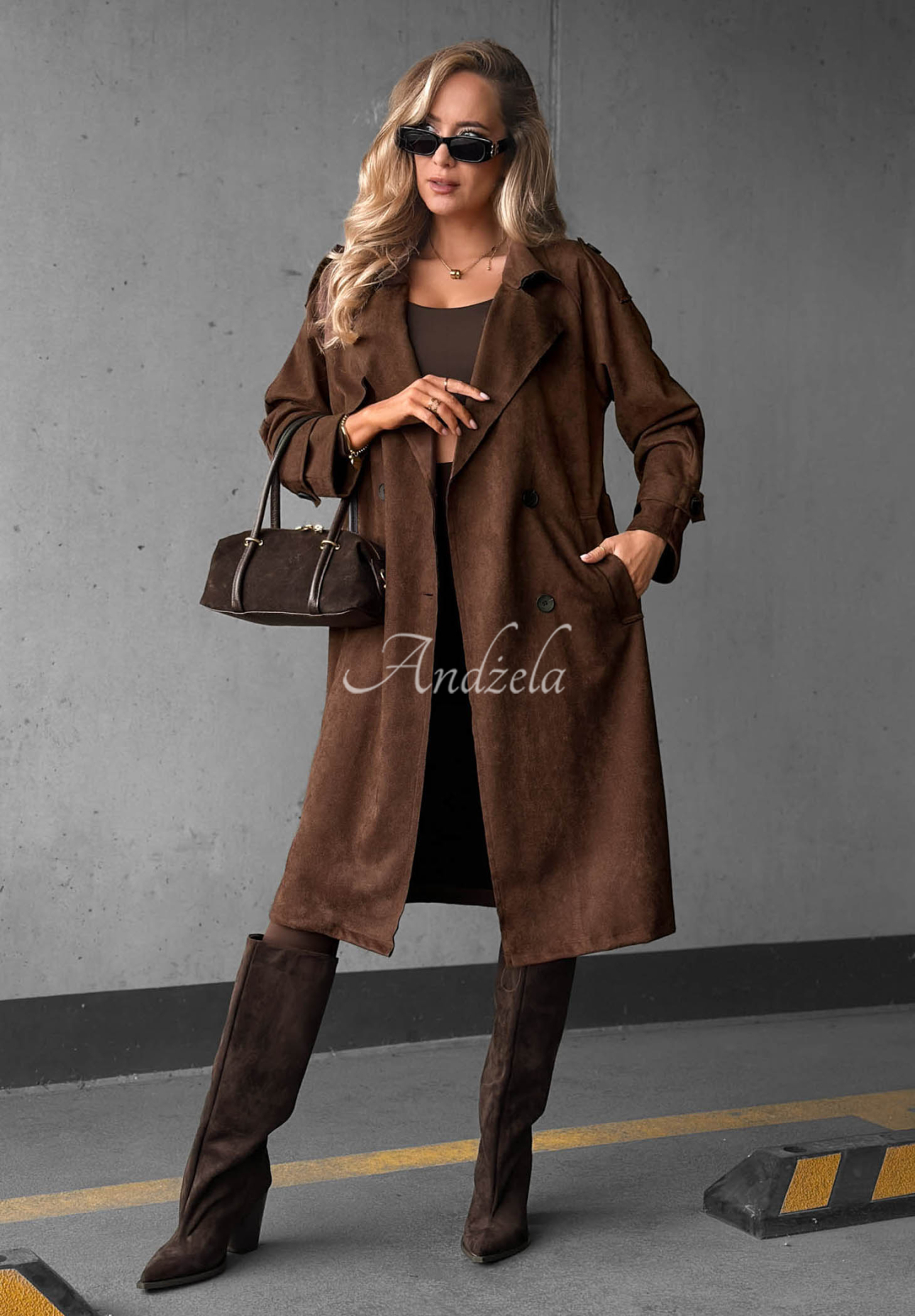 Chocolate-colored Autumn Honey suede double-breasted trench coat with a belt