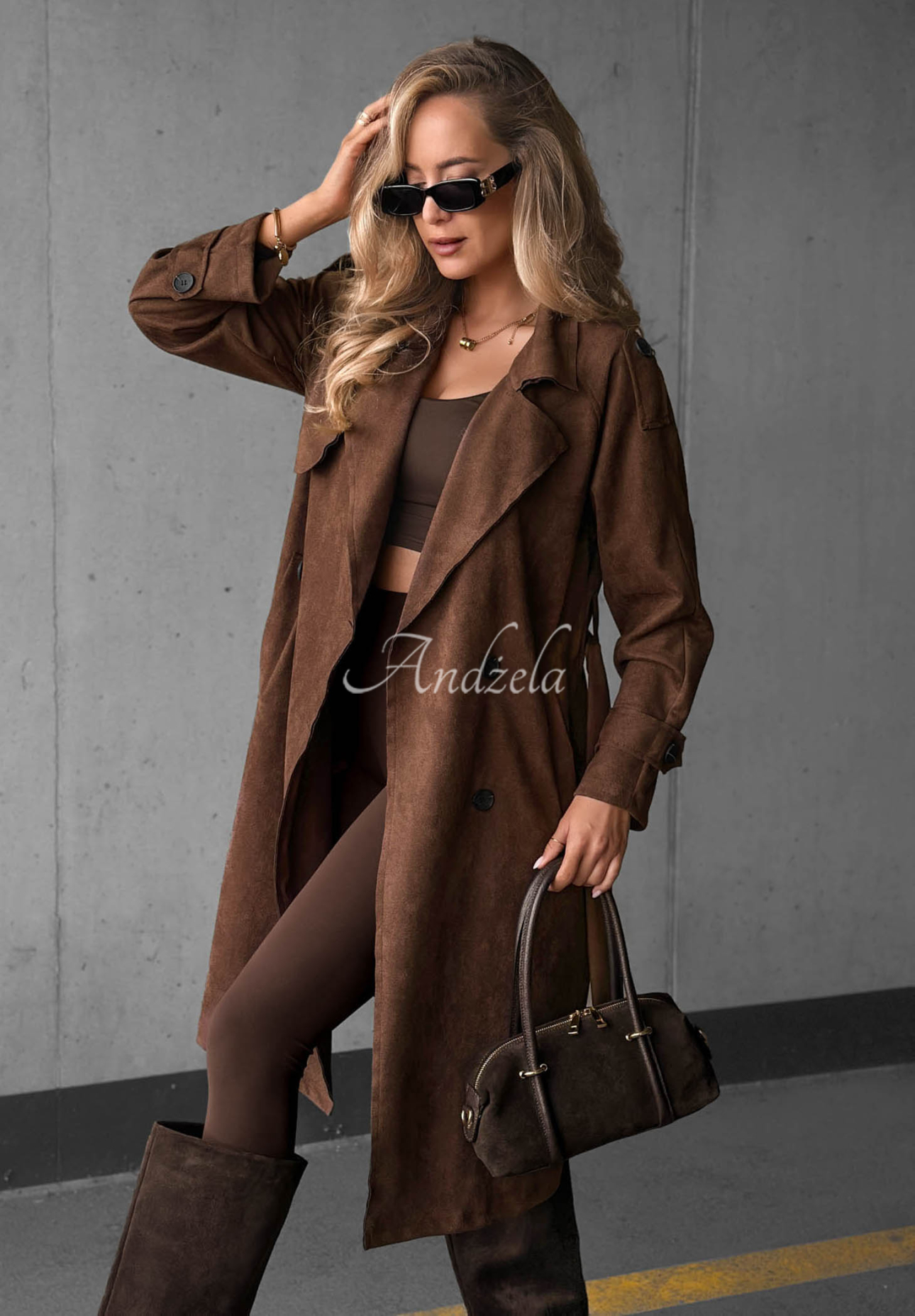 Chocolate-colored Autumn Honey suede double-breasted trench coat with a belt