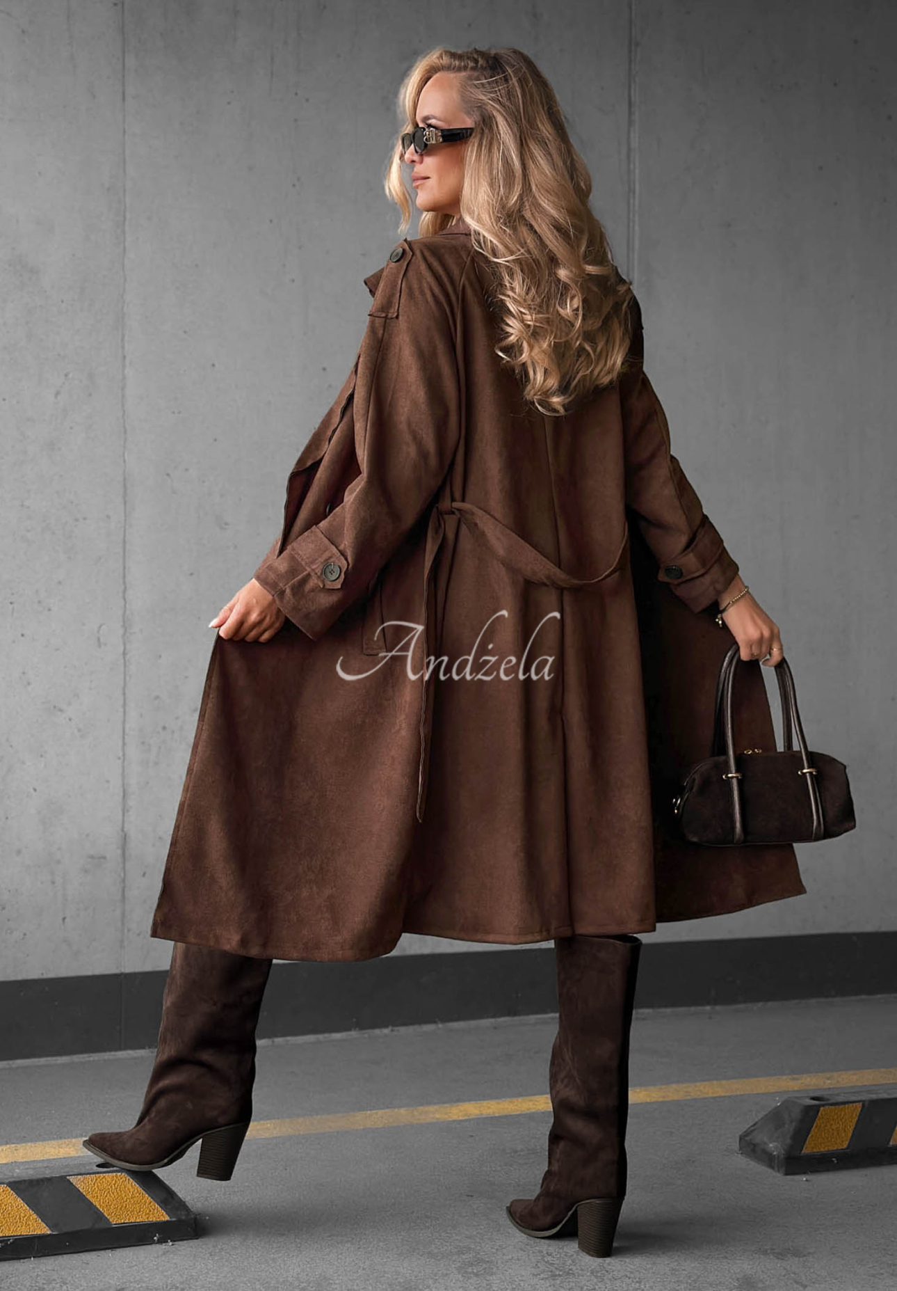 Chocolate-colored Autumn Honey suede double-breasted trench coat with a belt