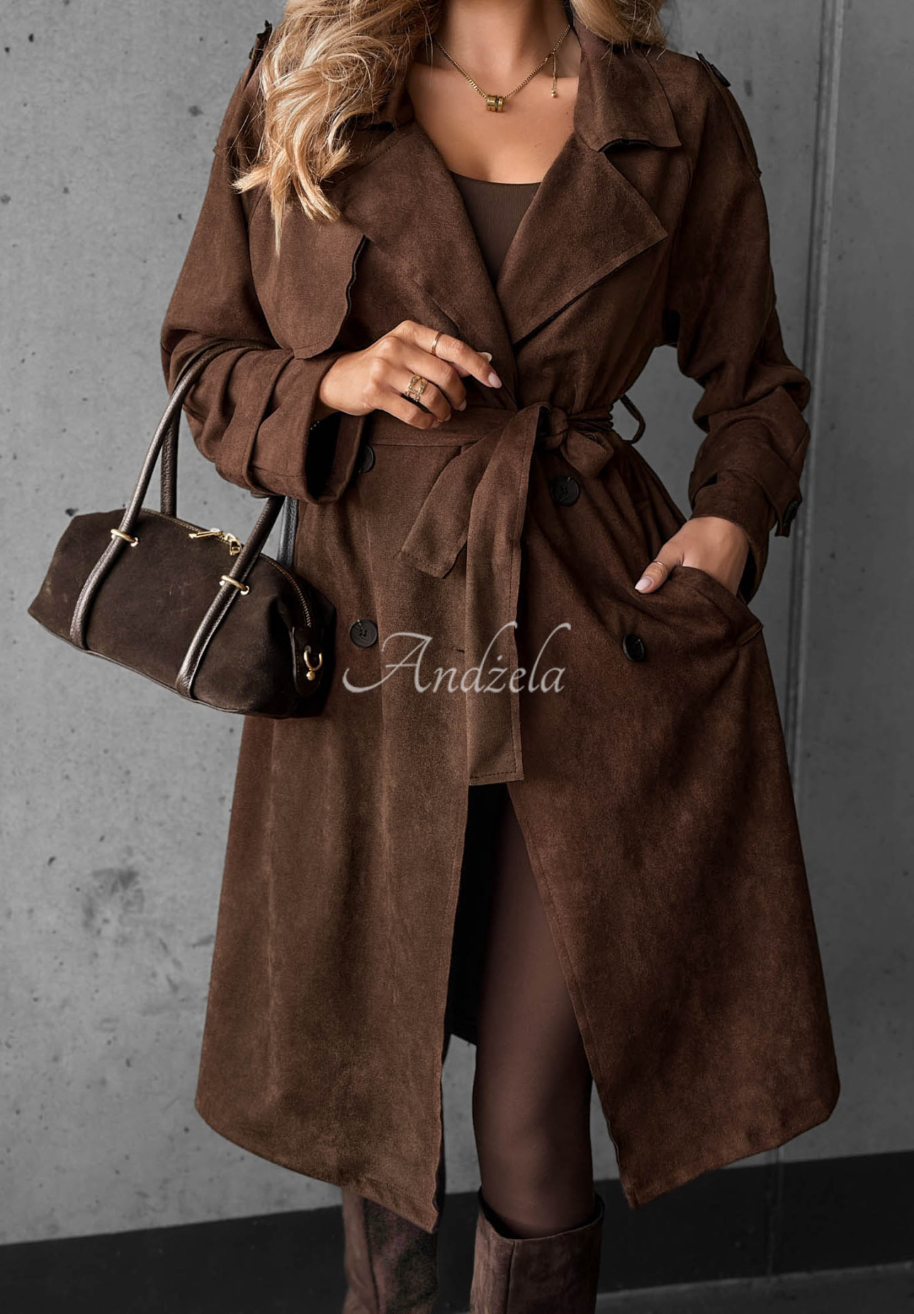 Chocolate-colored Autumn Honey suede double-breasted trench coat with a belt