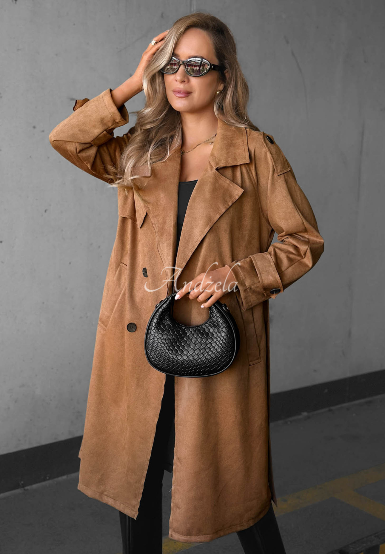 Camel-colored "Autumn Honey" suede double-breasted trench coat with a belt