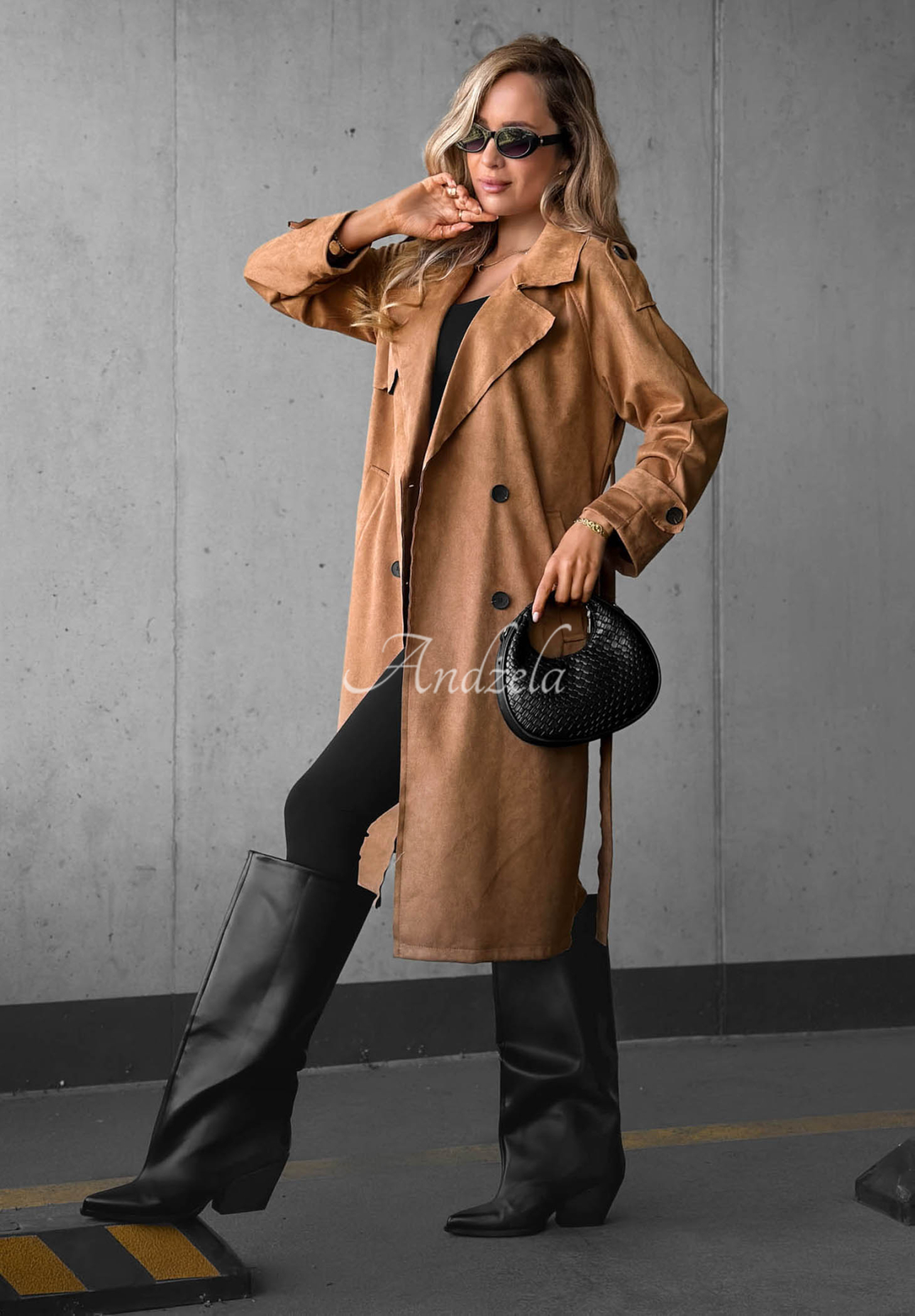 Camel-colored "Autumn Honey" suede double-breasted trench coat with a belt