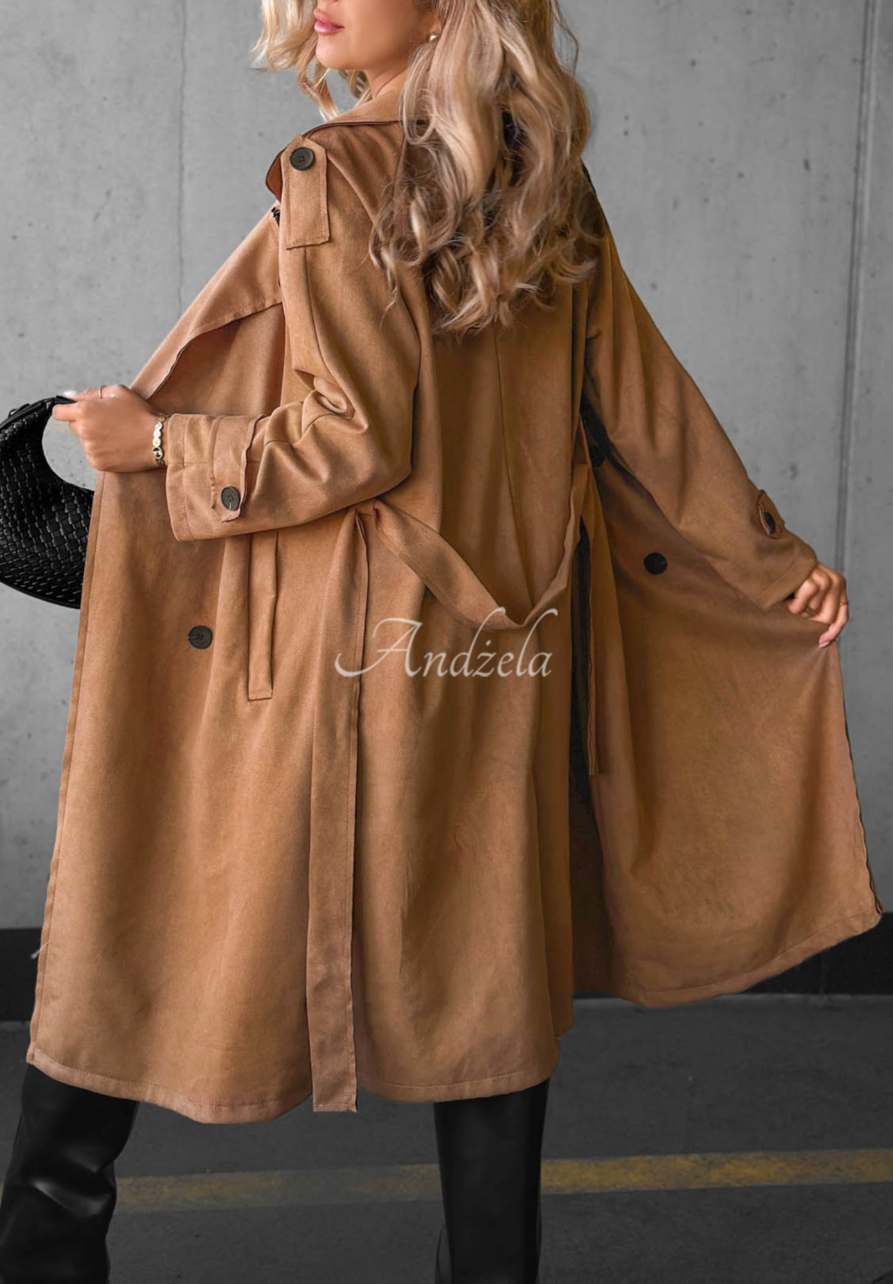 Camel-colored "Autumn Honey" suede double-breasted trench coat with a belt