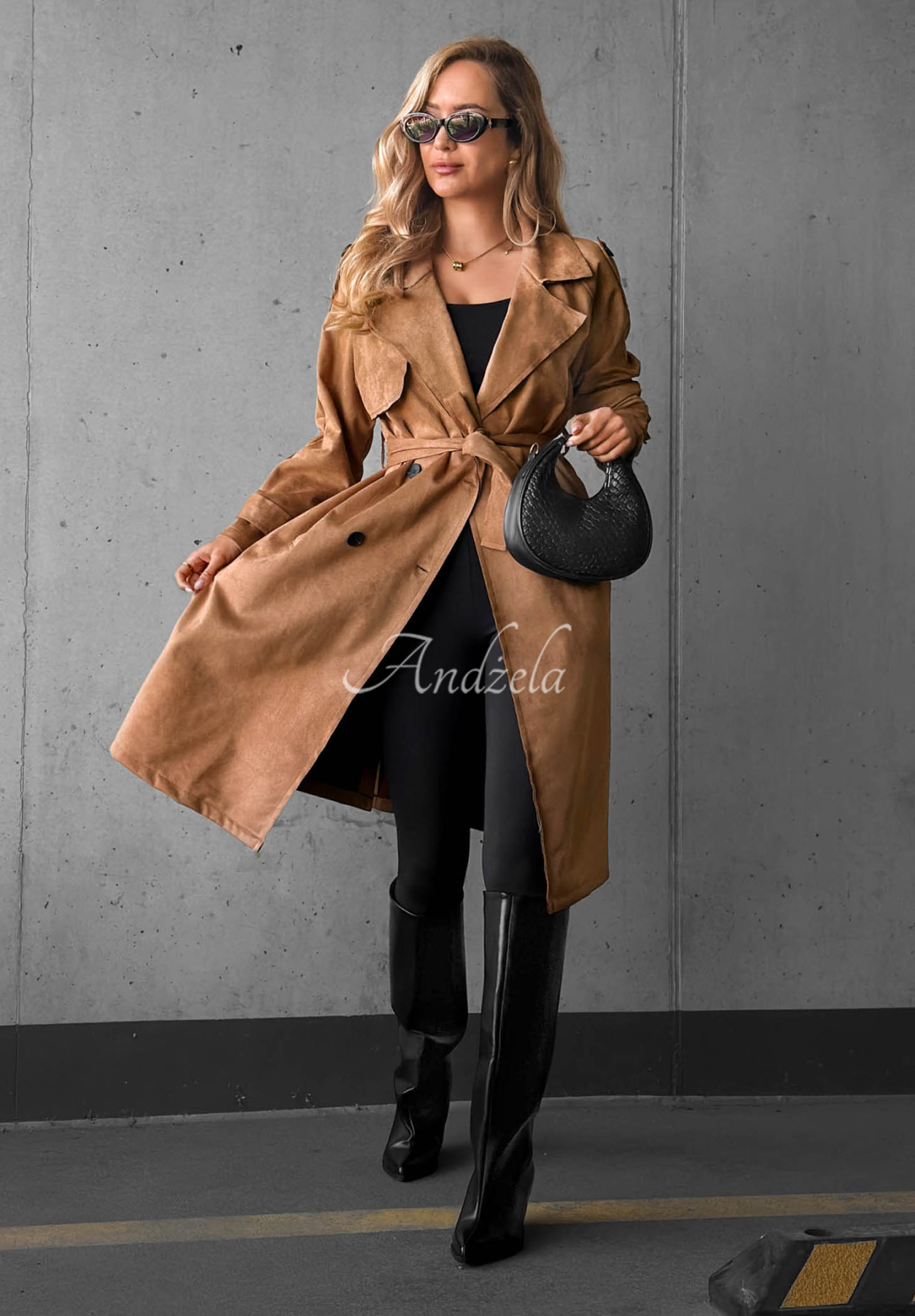 Camel-colored "Autumn Honey" suede double-breasted trench coat with a belt