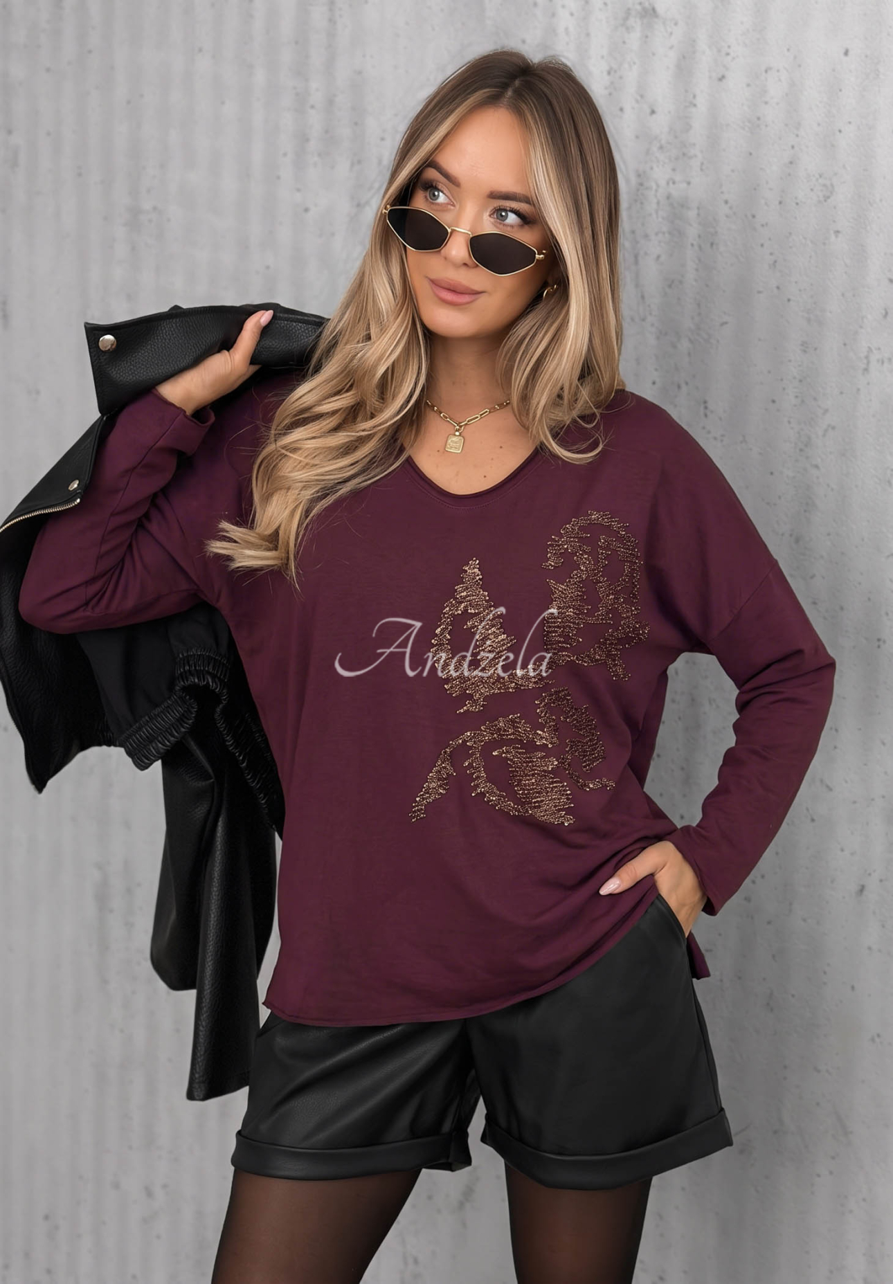 Bawełniana bluzka longsleeve z aplikacją Golden Rossa jagodowa