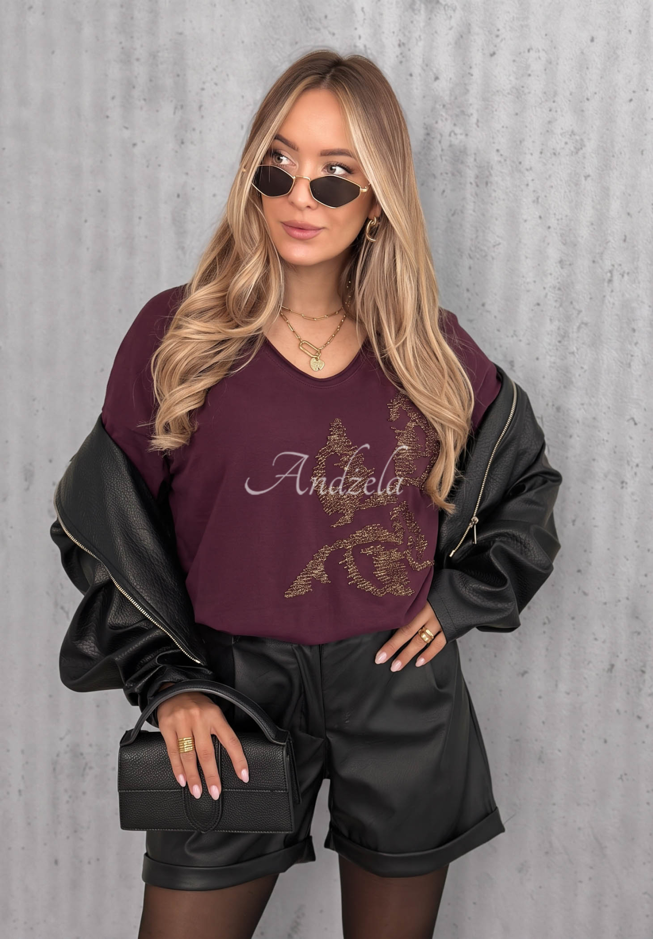 Cotton long-sleeve blouse with Golden Rossa appliqué in berry blue