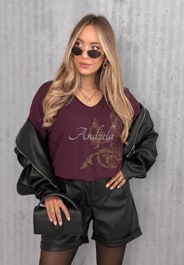 Cotton long-sleeve blouse with Golden Rossa appliqu&eacute; in berry blue