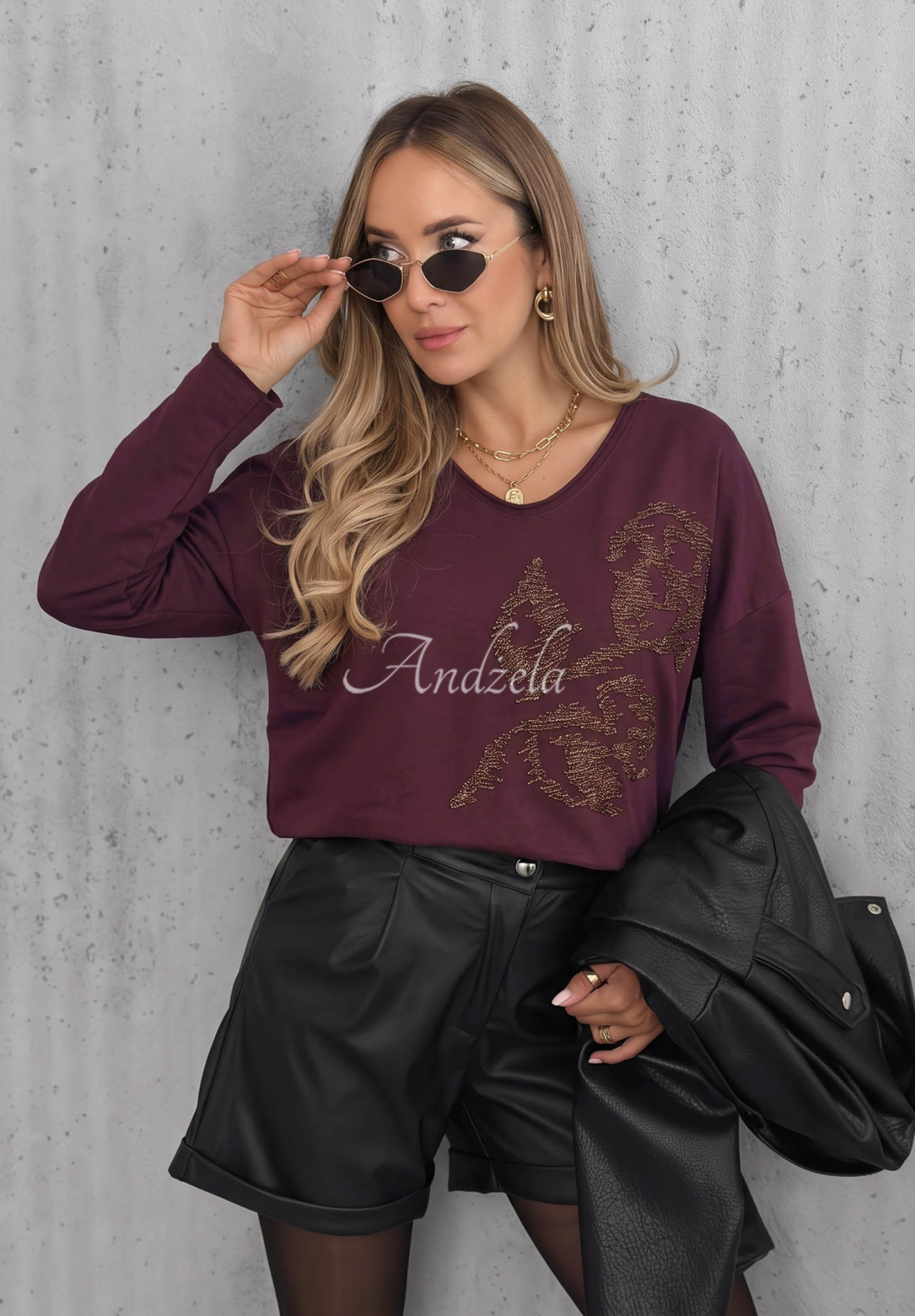 Bawełniana bluzka longsleeve z aplikacją Golden Rossa jagodowa