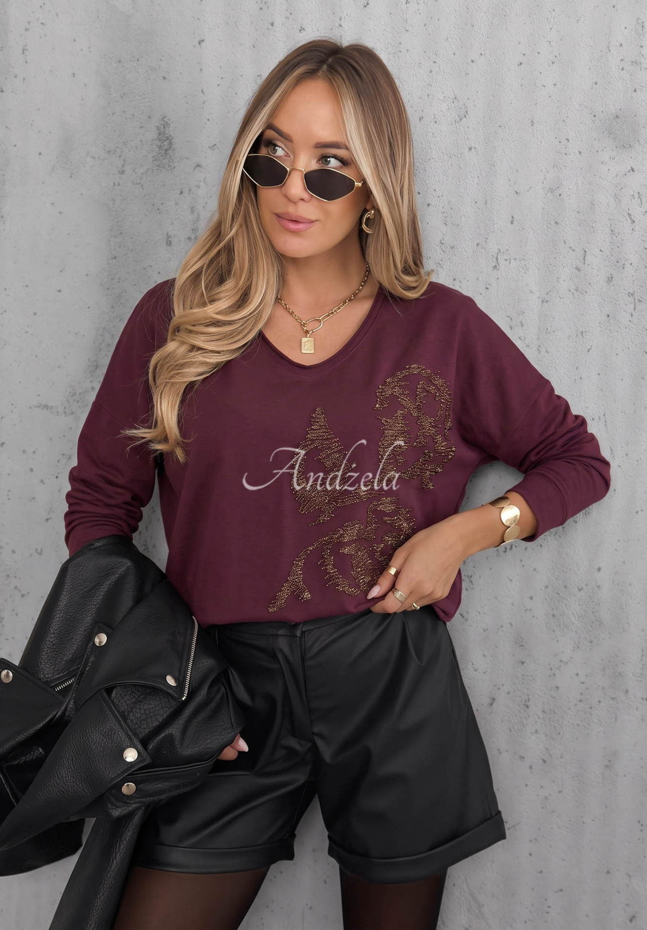 Bawełniana bluzka longsleeve z aplikacją Golden Rossa jagodowa