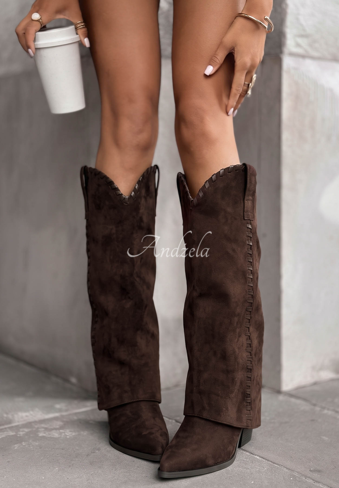 Maple Mood Chocolate-Colored Suede Cowboy Boots with Stitching