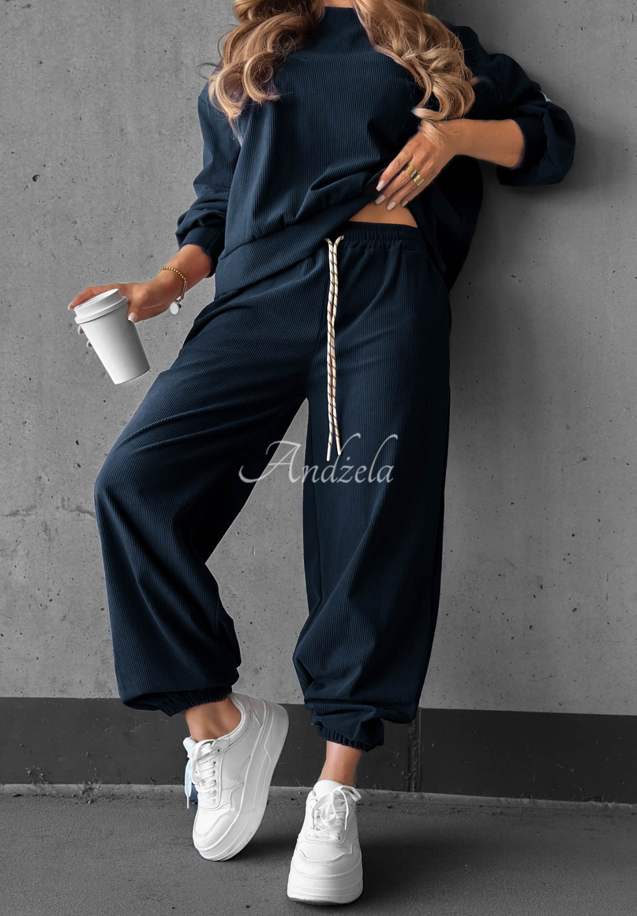 Endless Comfort Navy Blue Viscose Corduroy Sweatsuit Set