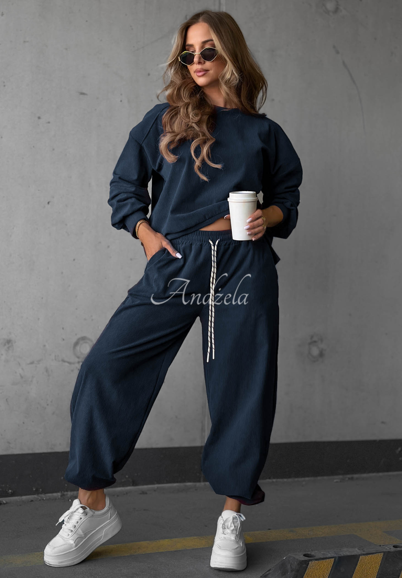 Endless Comfort Navy Blue Viscose Corduroy Sweatsuit Set