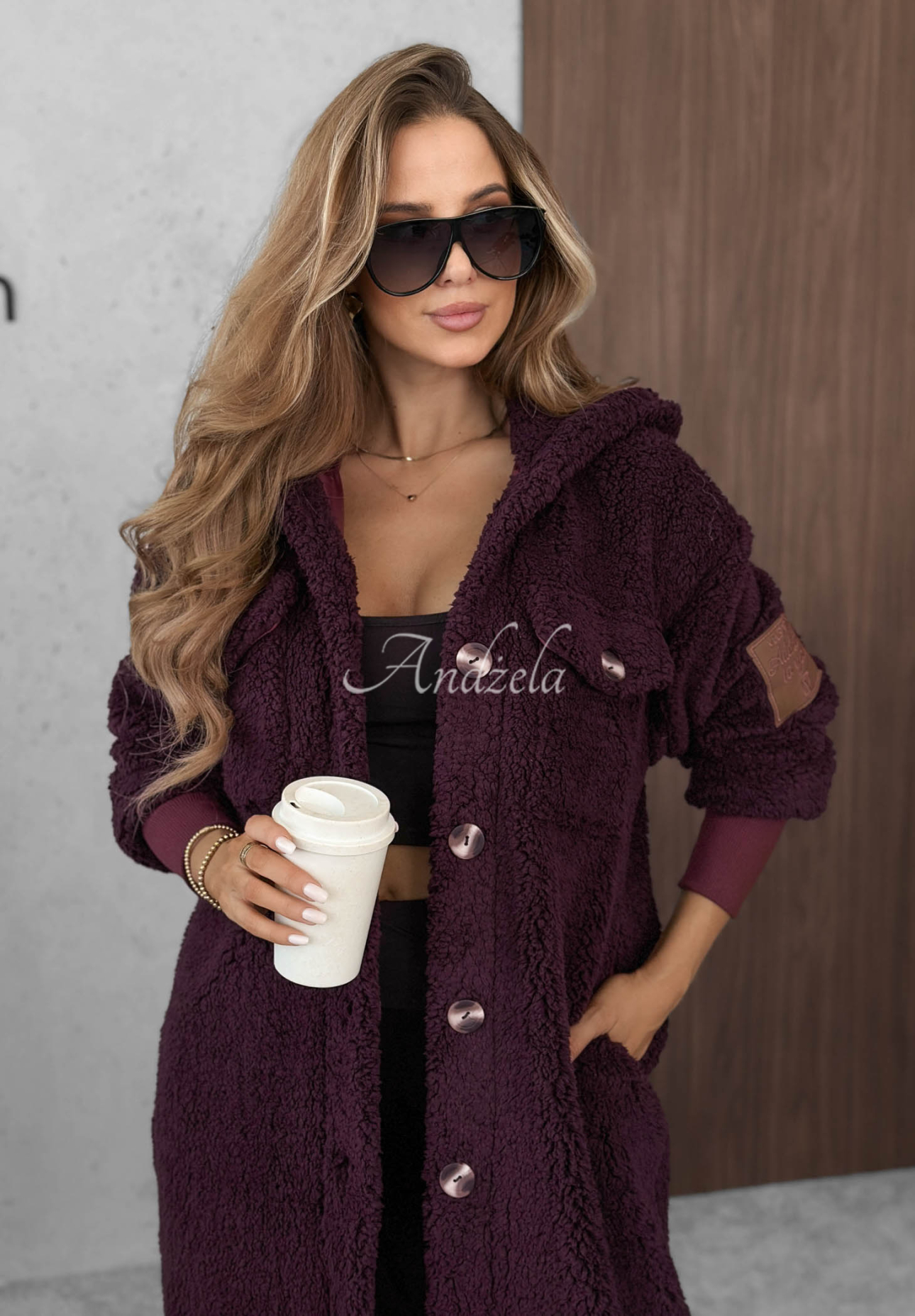 Just Enough Long Shearling Coat in Berry
