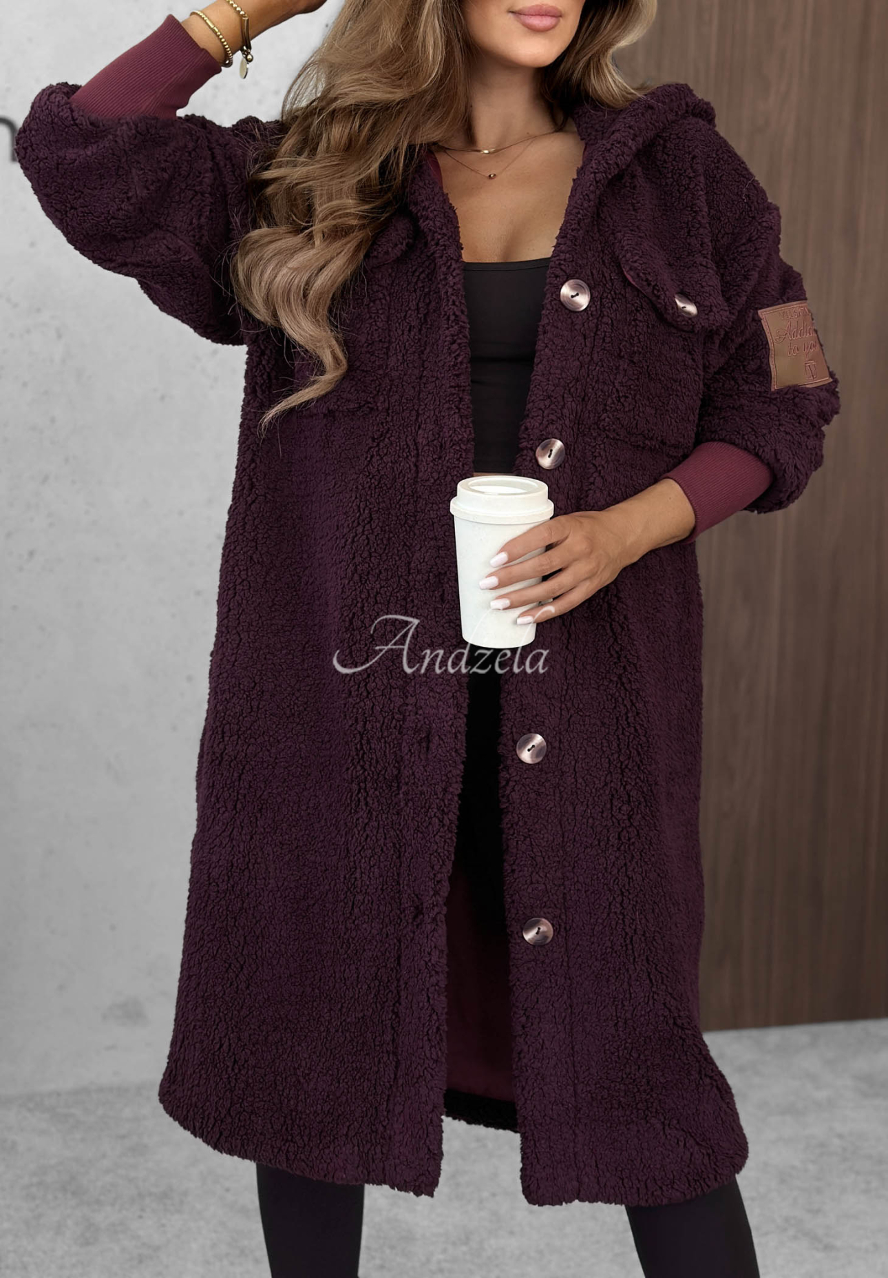Just Enough Long Shearling Coat in Berry