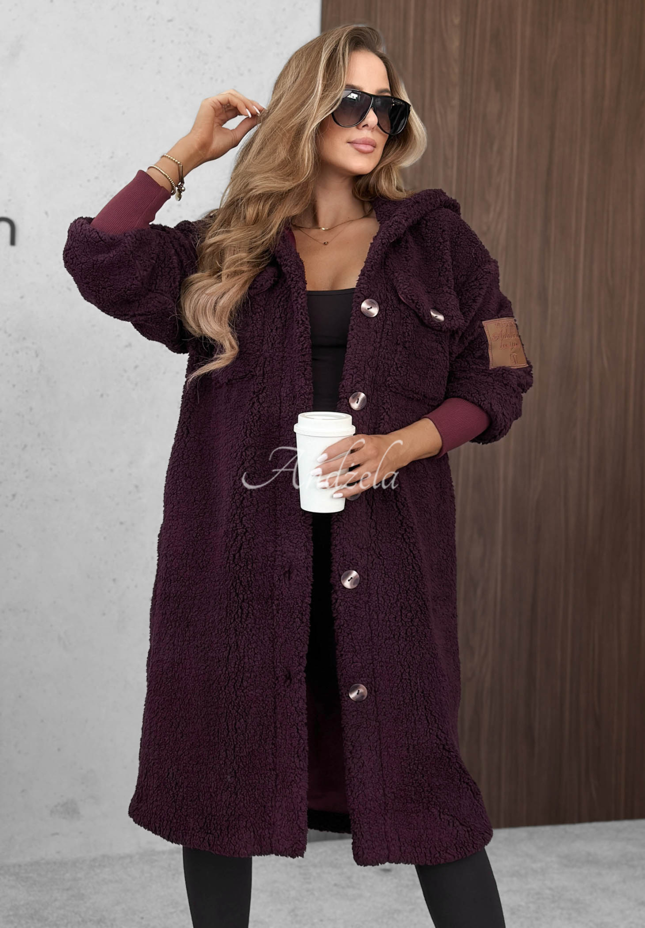 Just Enough Long Shearling Coat in Berry