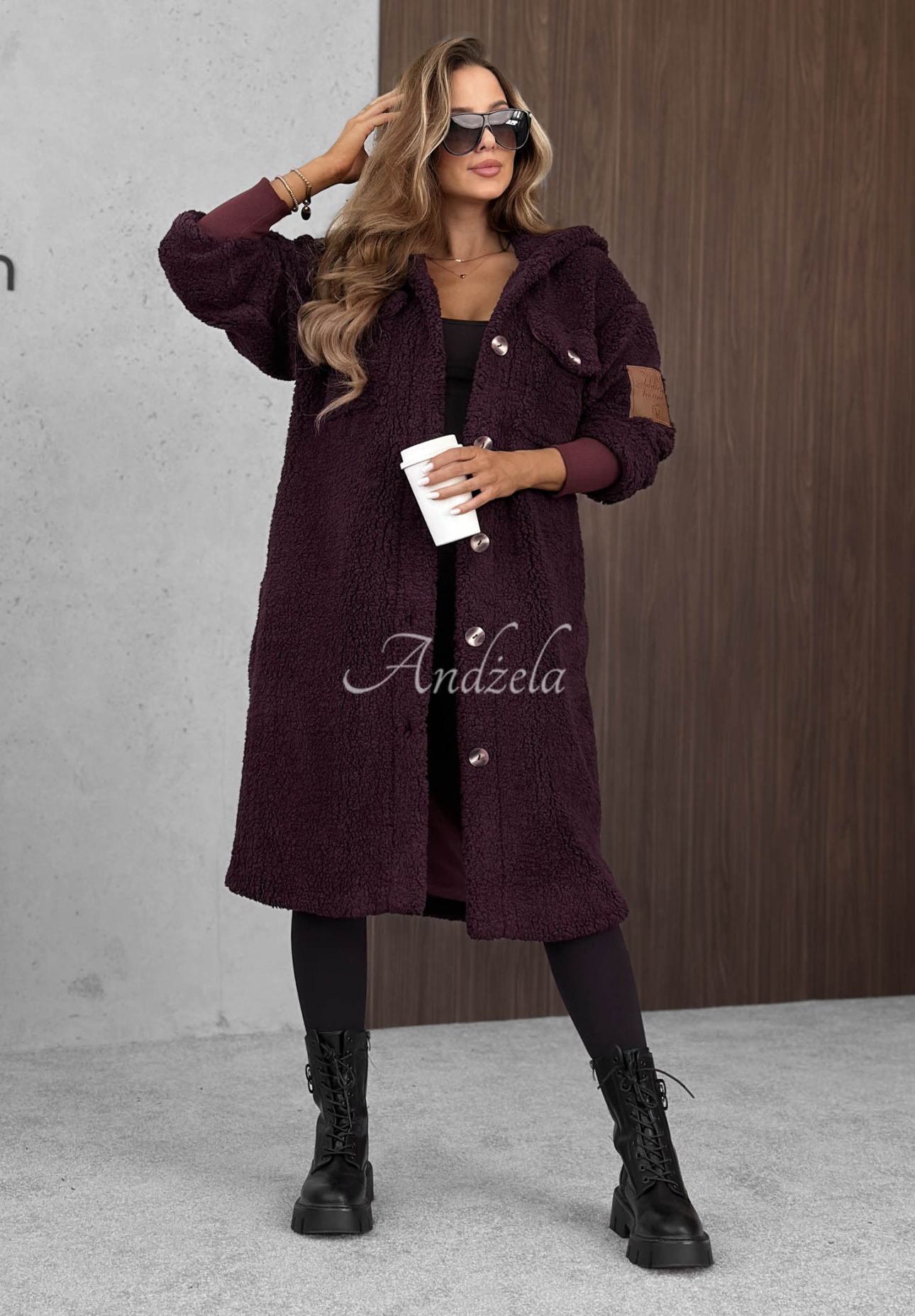 Just Enough Long Shearling Coat in Berry