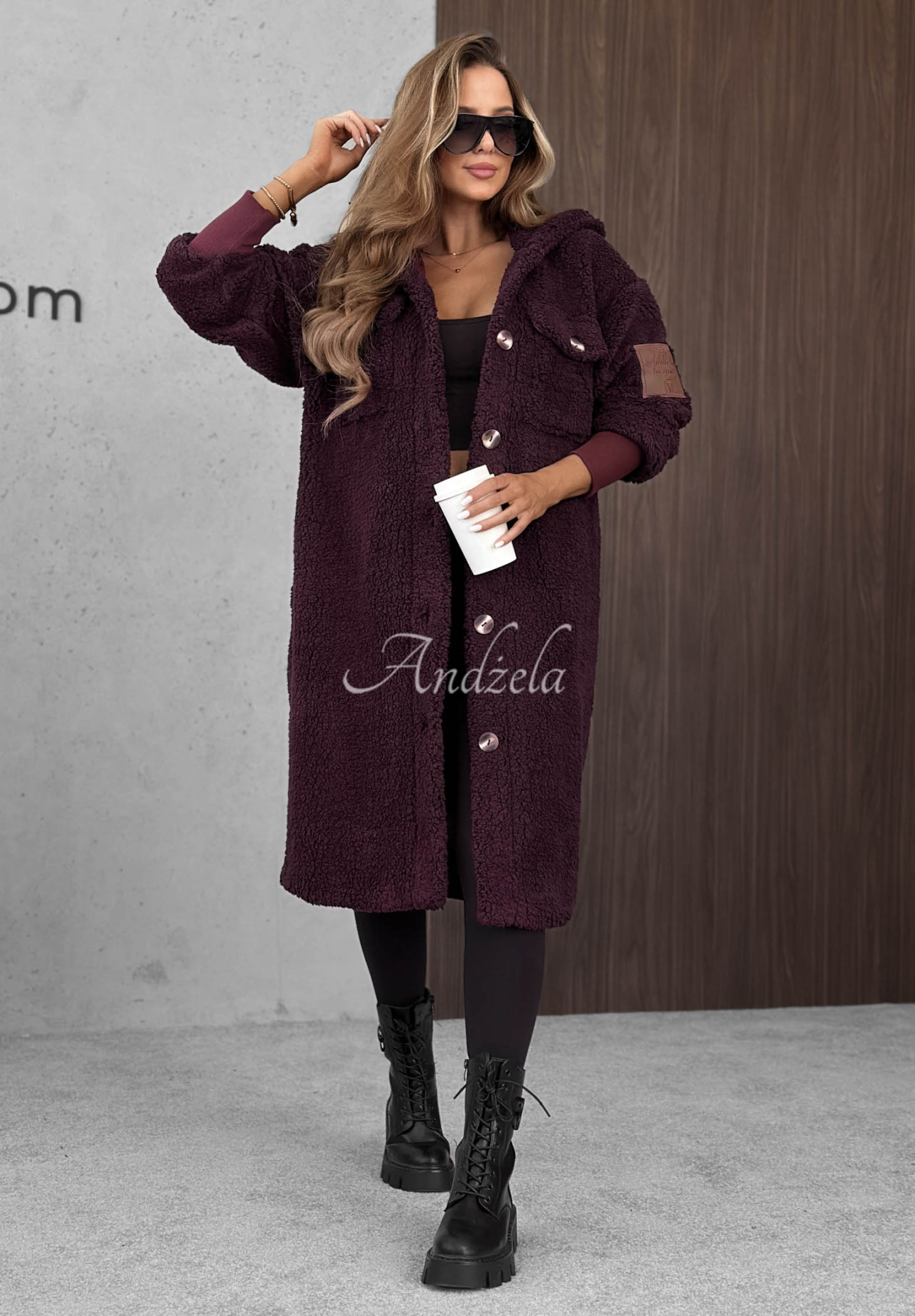 Just Enough Long Shearling Coat in Berry