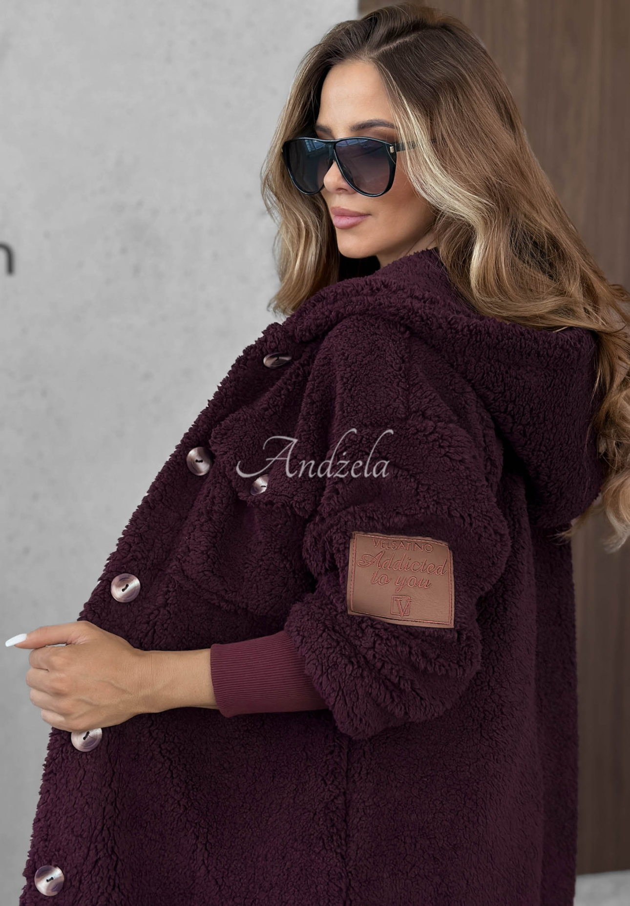 Just Enough Long Shearling Coat in Berry