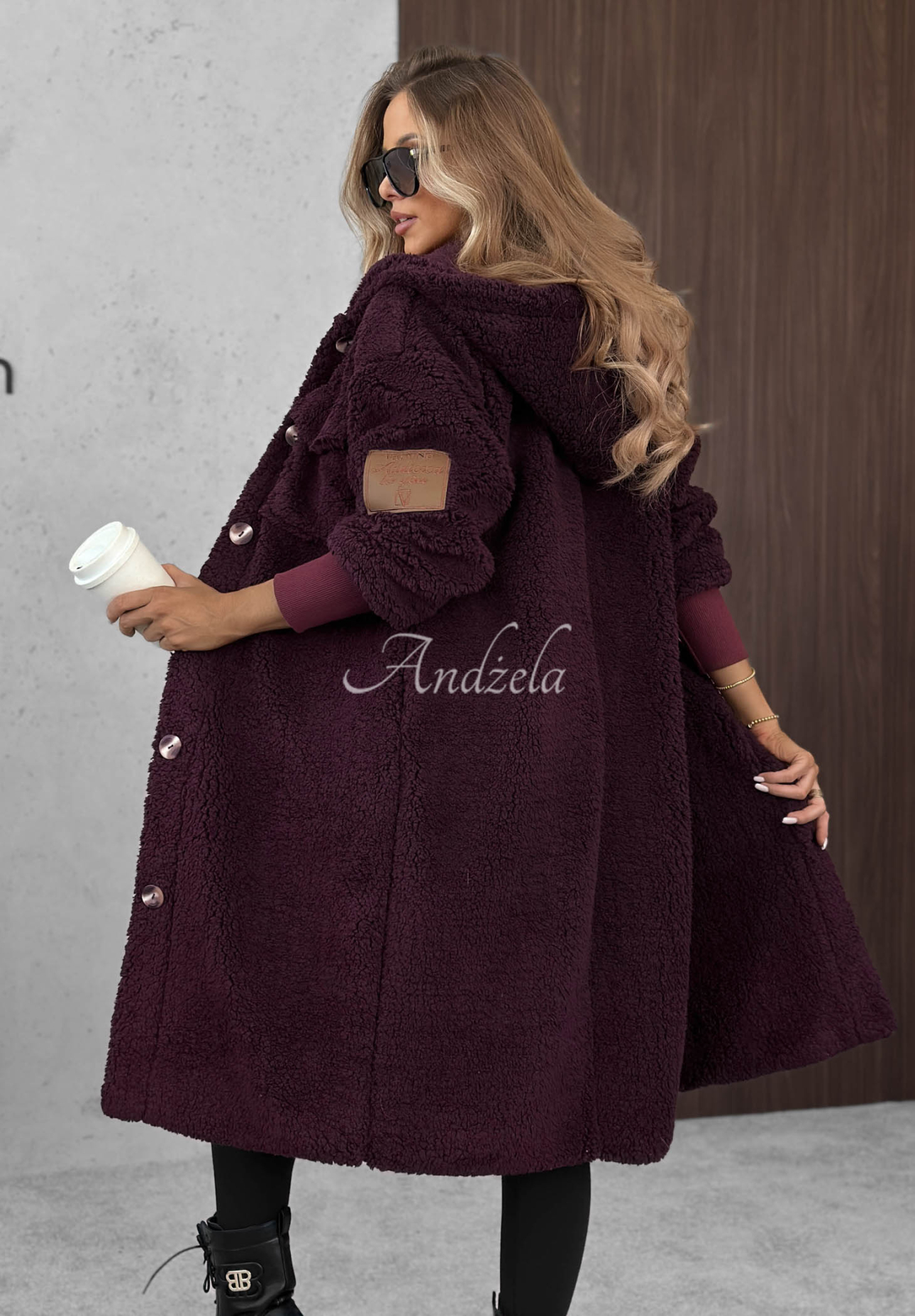Just Enough Long Shearling Coat in Berry