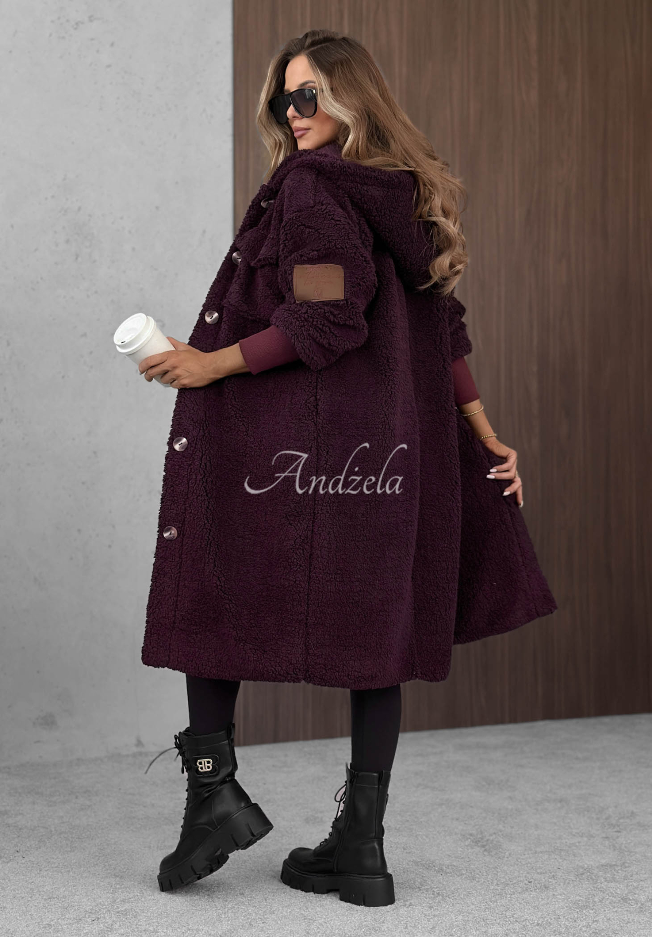 Just Enough Long Shearling Coat in Berry